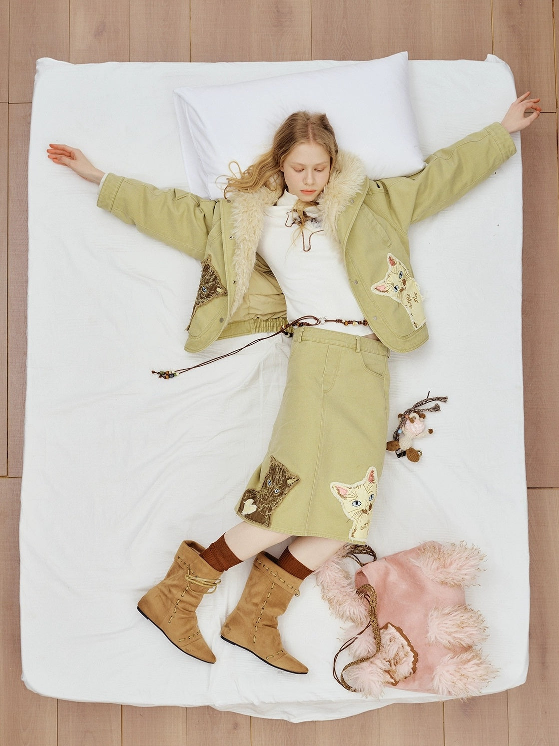 OuttheBlue High Waist Vintage Cat Applique A Line Casual 100 Percent Cotton Midi Skirt