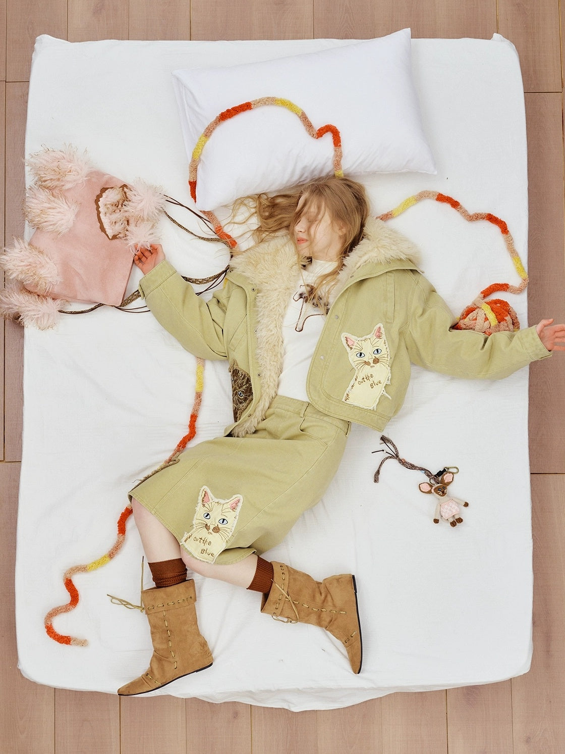 OuttheBlue High Waist Vintage Cat Applique A Line Casual 100 Percent Cotton Midi Skirt