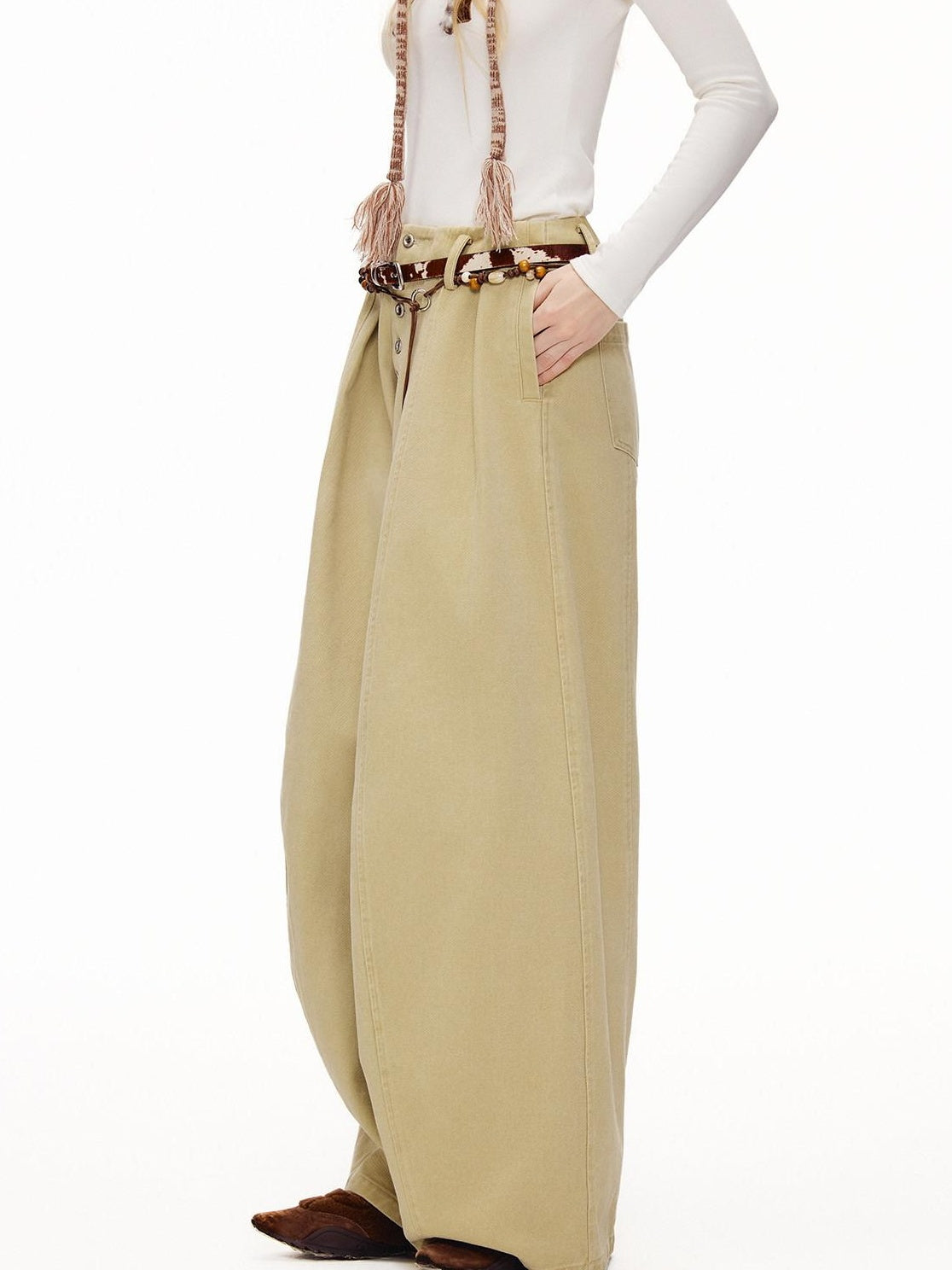 OuttheBlue High Waist Washed Cotton Comfort Casual Solid Khaki Coffee Women Wide Leg Pants