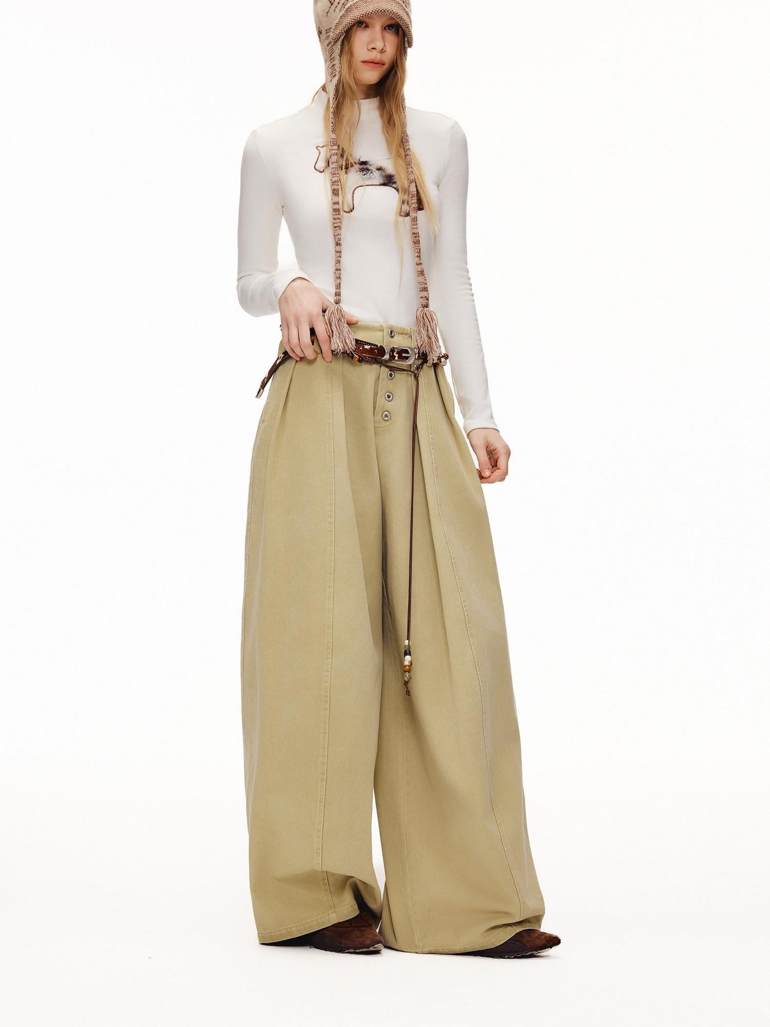 OuttheBlue High Waist Washed Cotton Comfort Casual Solid Khaki Coffee Women Wide Leg Pants