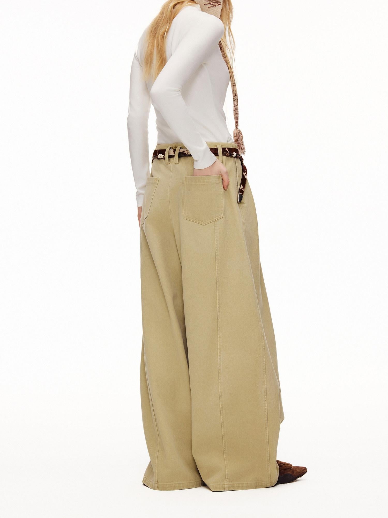 OuttheBlue High Waist Washed Cotton Comfort Casual Solid Khaki Coffee Women Wide Leg Pants