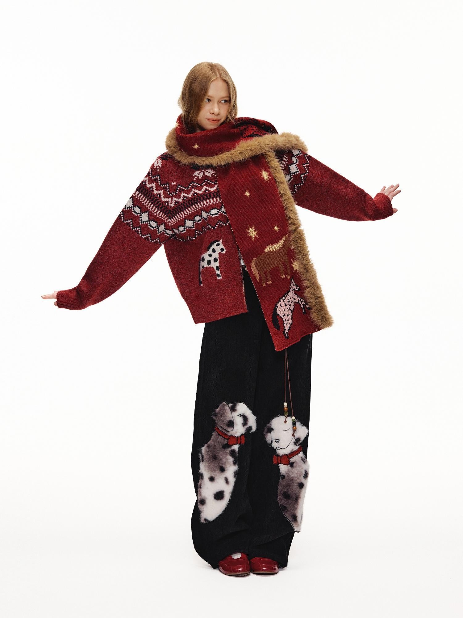 OuttheBlue High Waist Wide Leg Animal Print Patch Zip Fly Women Warm Polyester Pants