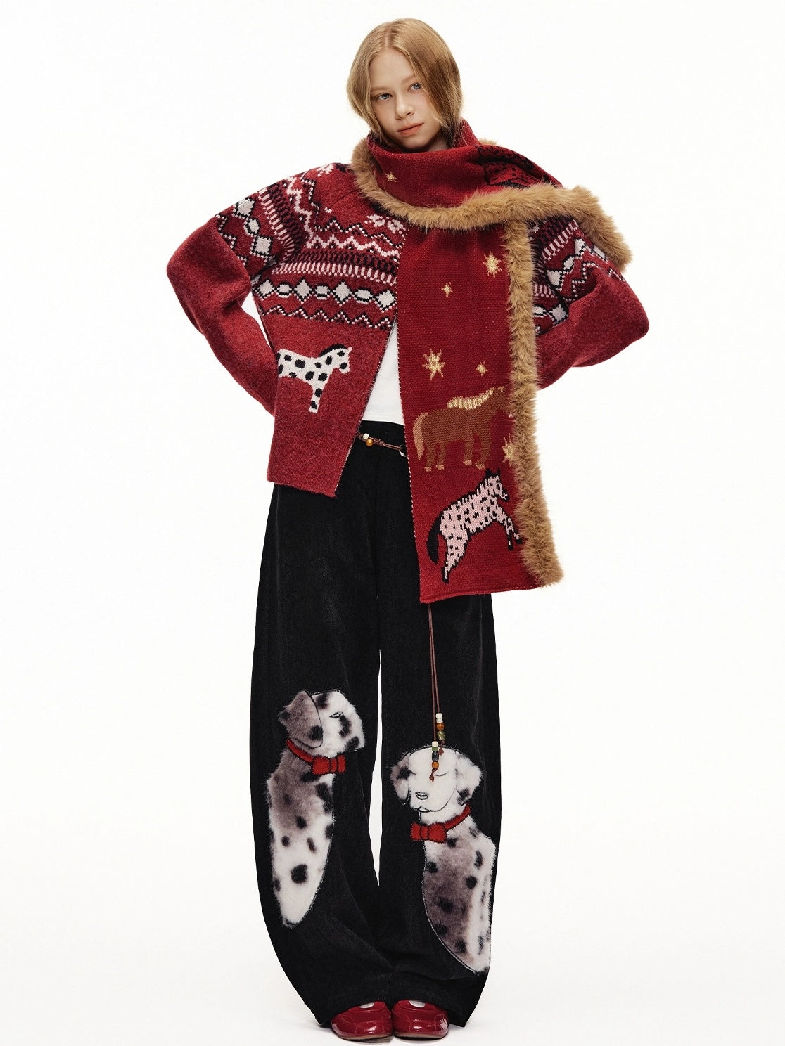 OuttheBlue High Waist Wide Leg Animal Print Patch Zip Fly Women Warm Polyester Pants