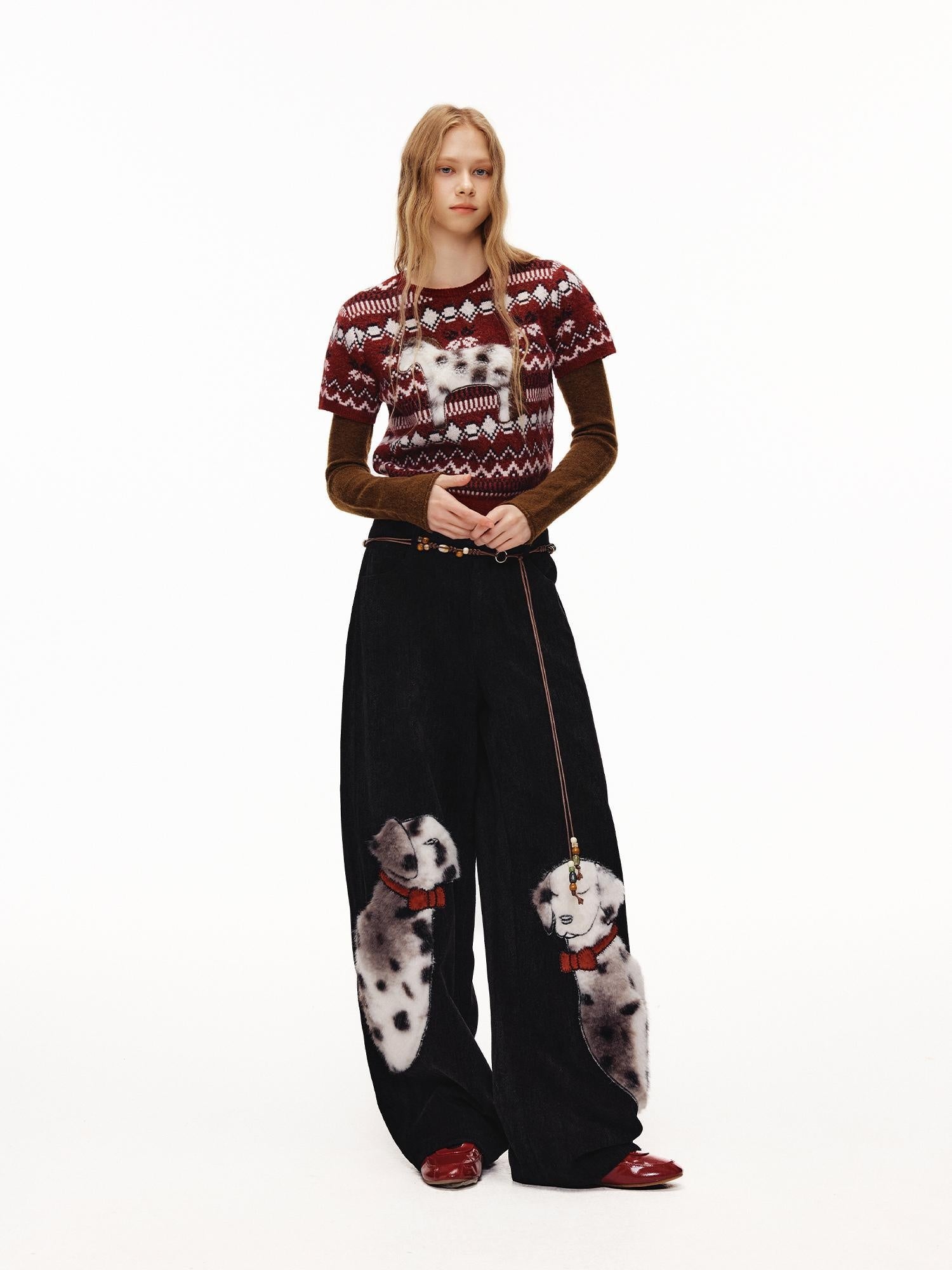 OuttheBlue High Waist Wide Leg Animal Print Patch Zip Fly Women Warm Polyester Pants