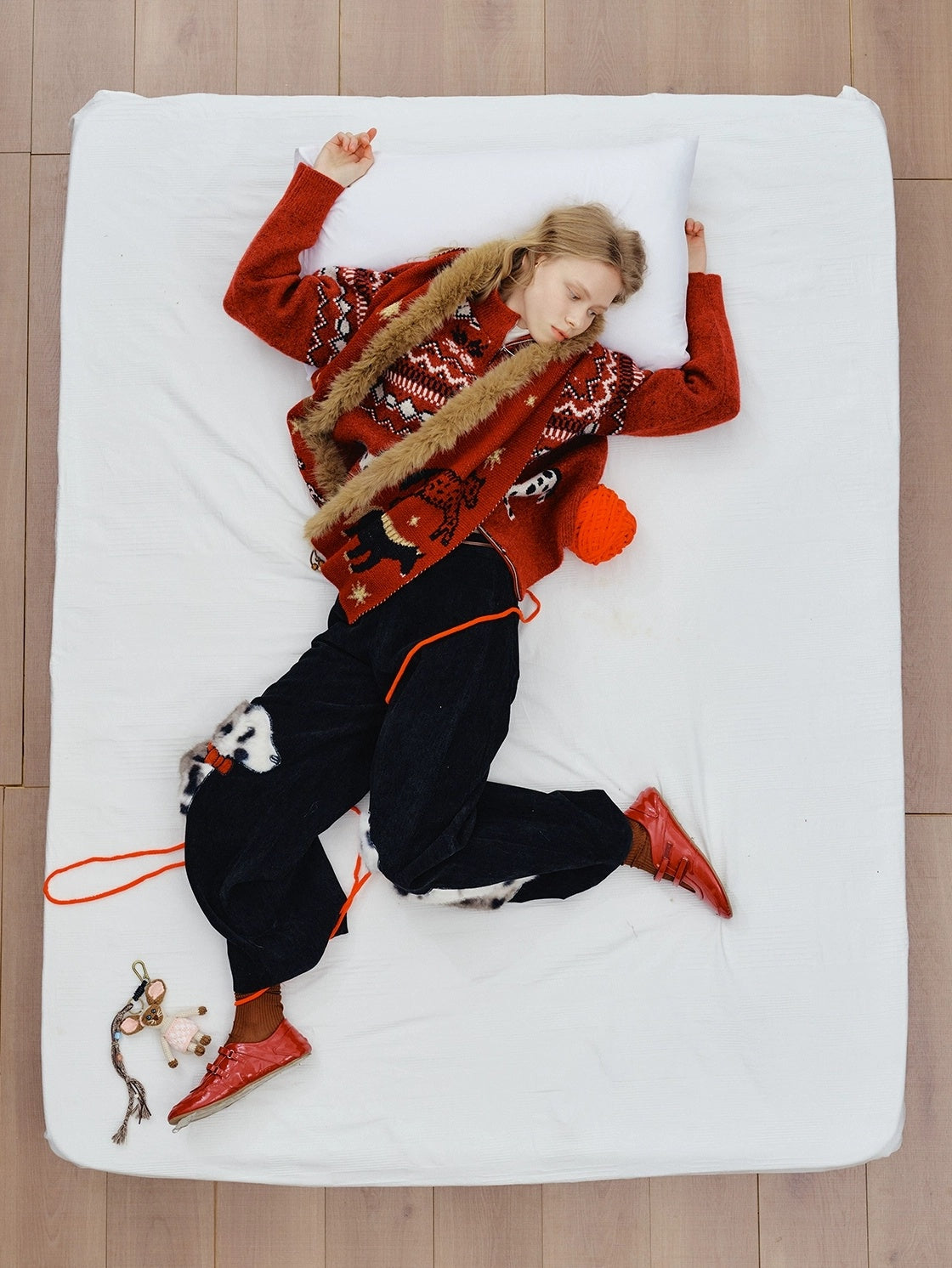 OuttheBlue High Waist Wide Leg Animal Print Patch Zip Fly Women Warm Polyester Pants