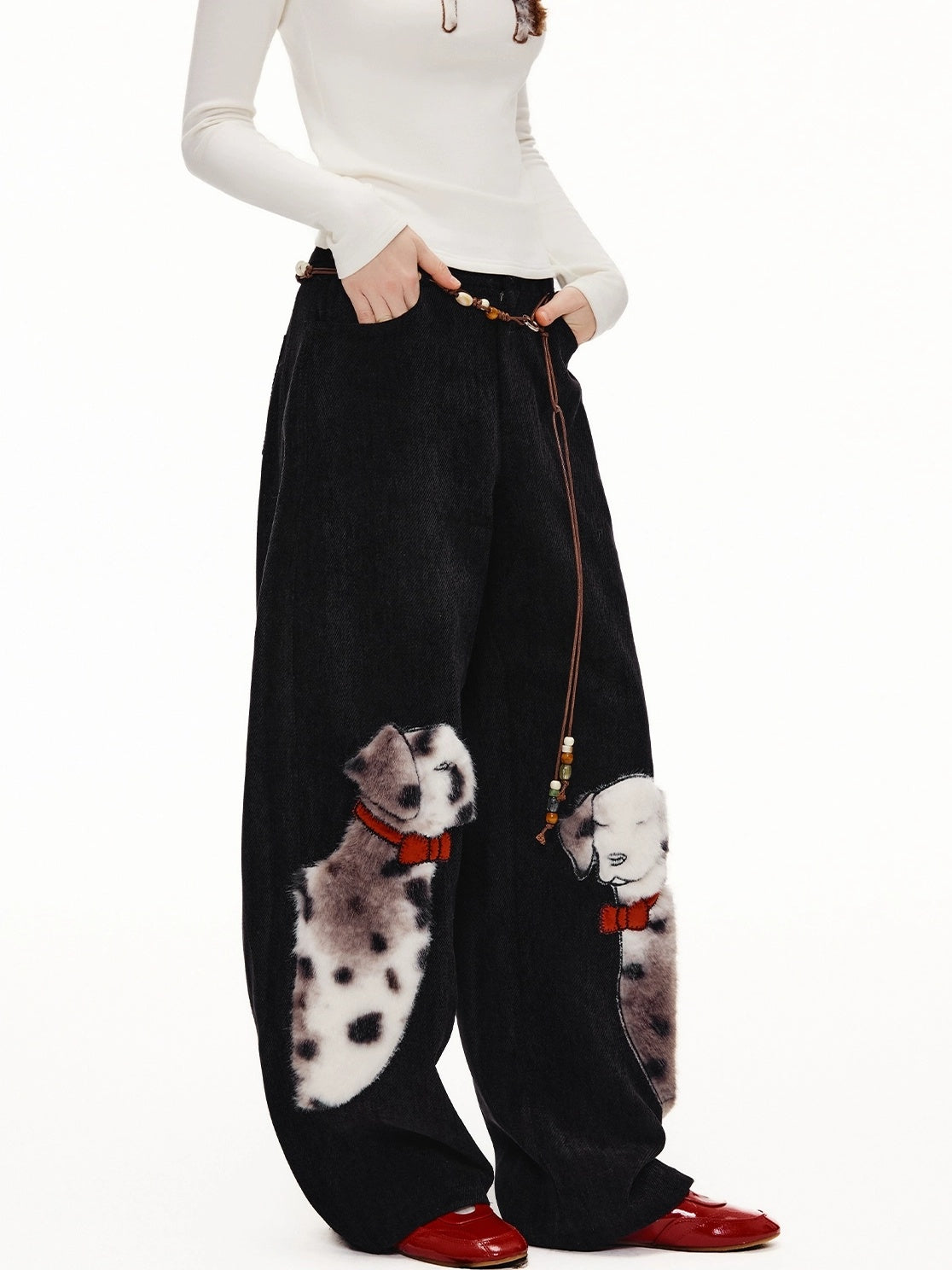 OuttheBlue High Waist Wide Leg Animal Print Patch Zip Fly Women Warm Polyester Pants