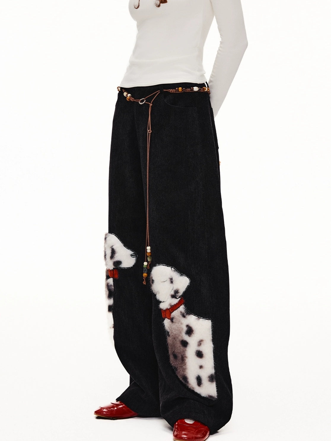 OuttheBlue High Waist Wide Leg Animal Print Patch Zip Fly Women Warm Polyester Pants