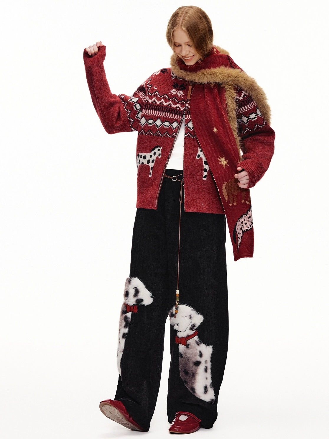 OuttheBlue High Waist Wide Leg Animal Print Patch Zip Fly Women Warm Polyester Pants