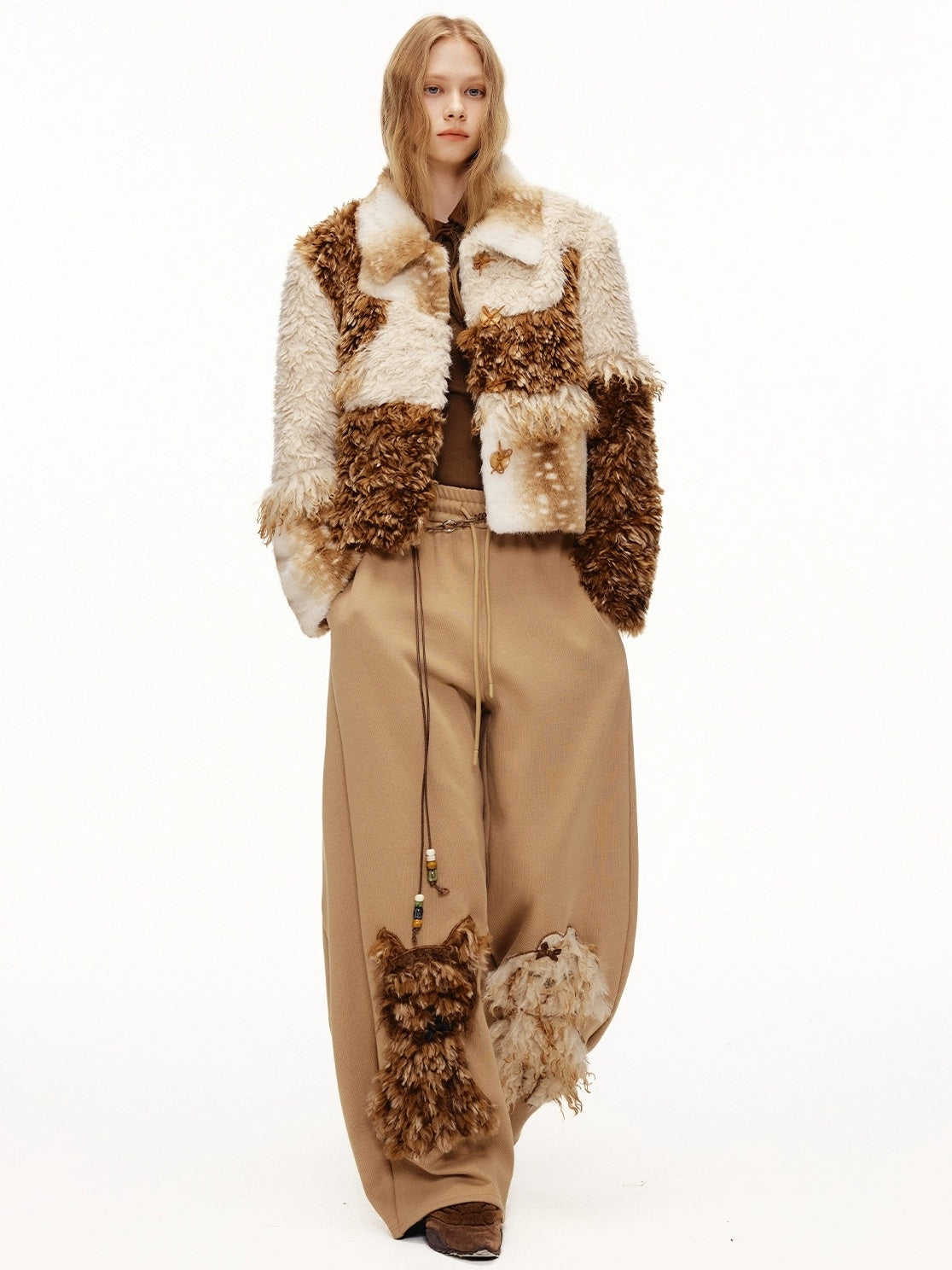 OuttheBlue High Waisted Embroidered Asymmetrical Patchwork Straight Women Camel Pants