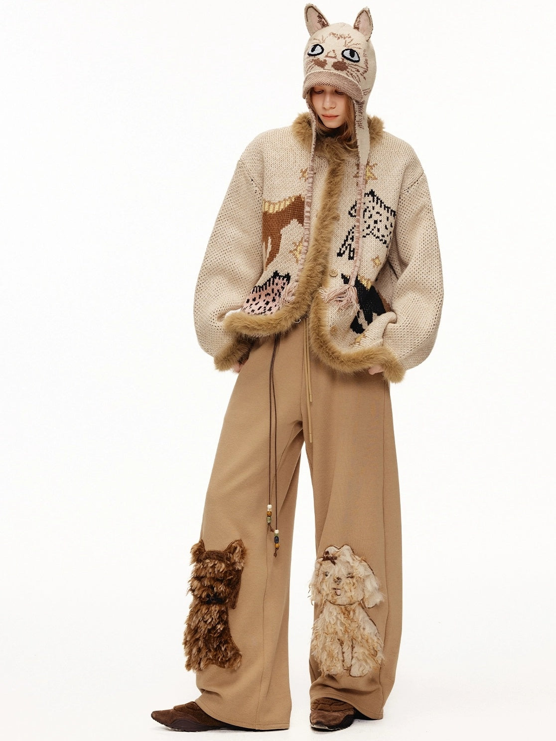 OuttheBlue High Waisted Embroidered Asymmetrical Patchwork Straight Women Camel Pants