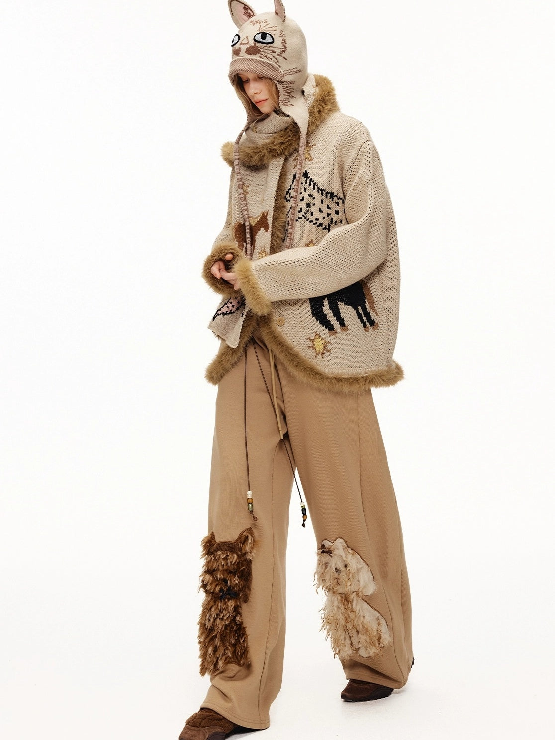 OuttheBlue High Waisted Embroidered Asymmetrical Patchwork Straight Women Camel Pants