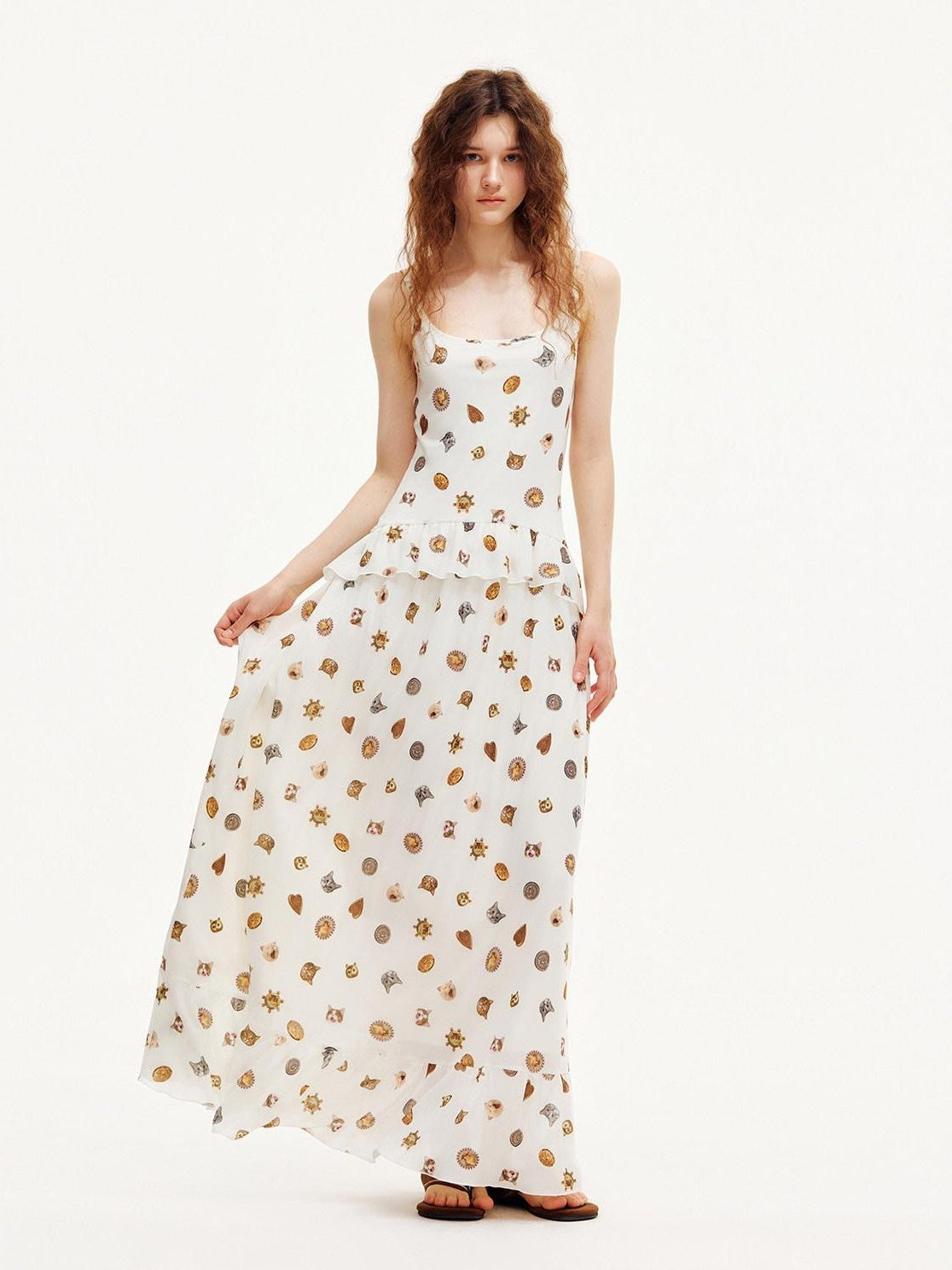 OuttheBlue Ivory Printed Ruffle Aline Fitted Strappy Women&
