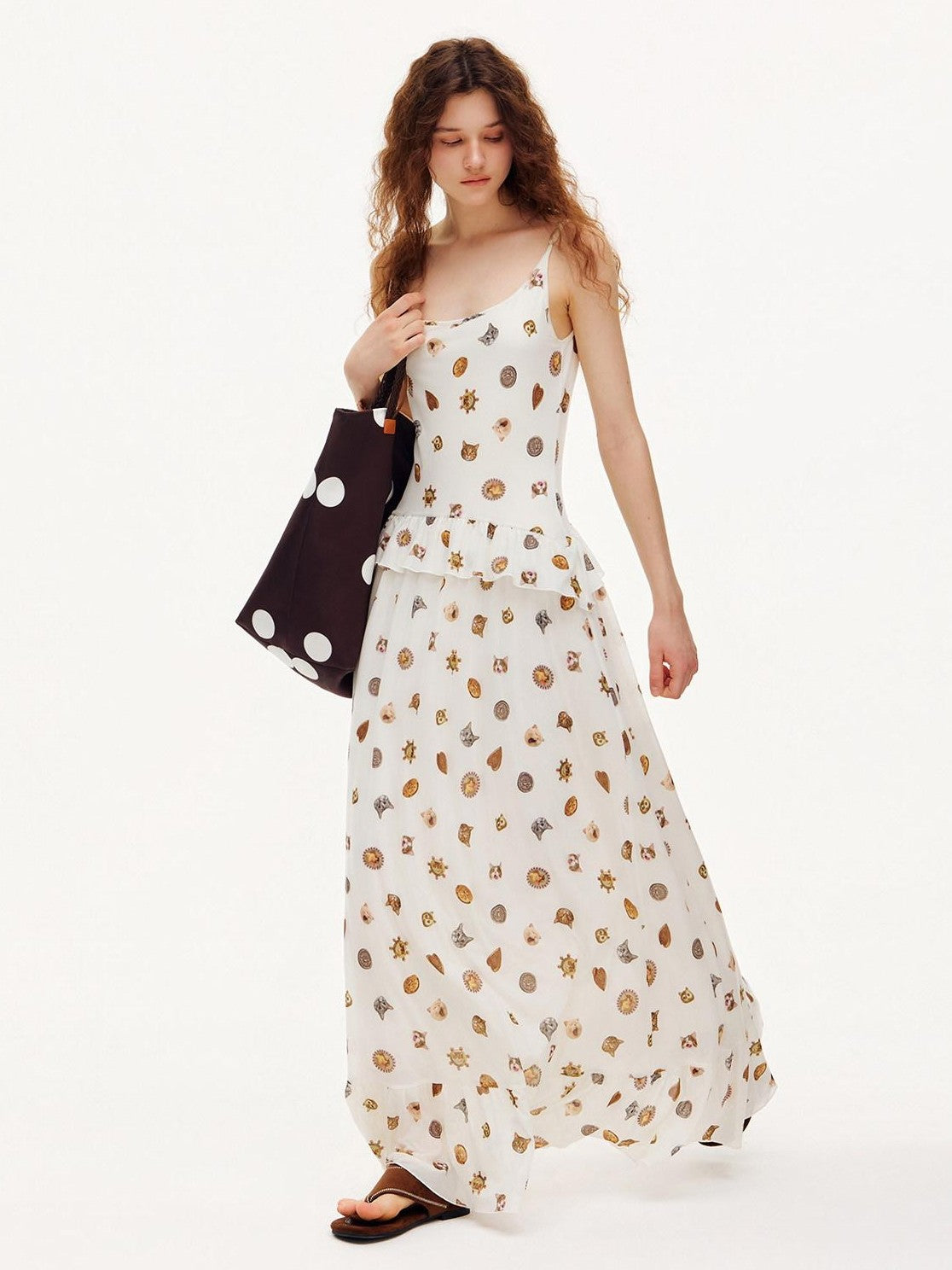 OuttheBlue Ivory Printed Ruffle Aline Fitted Strappy Women&