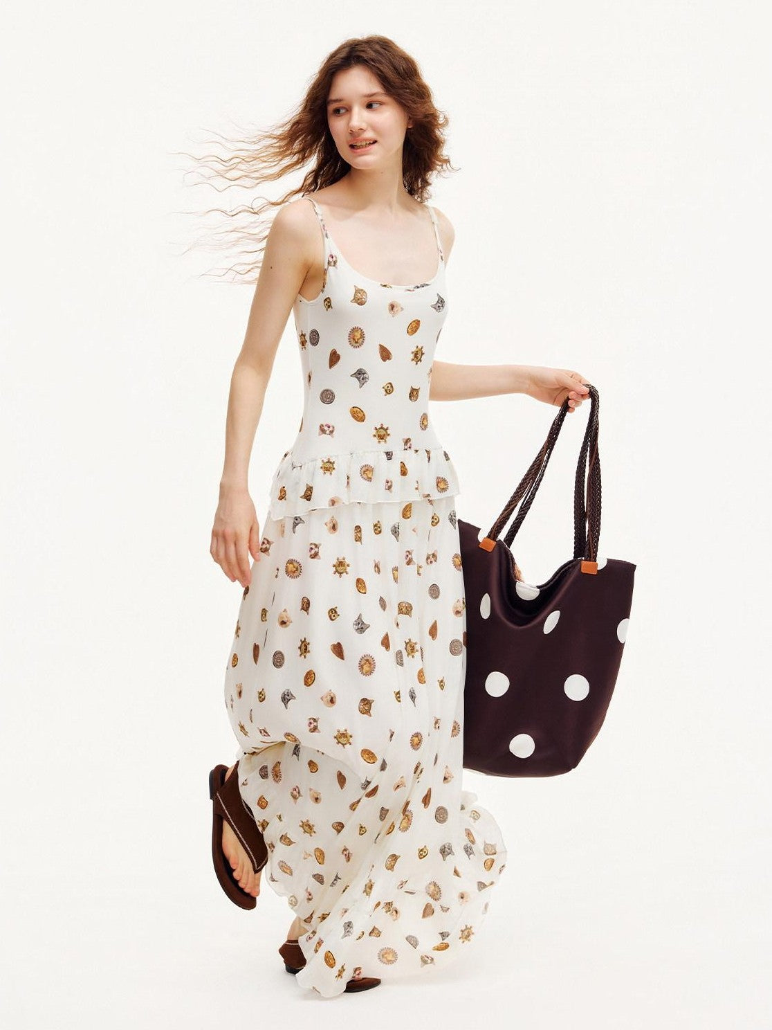 OuttheBlue Ivory Printed Ruffle Aline Fitted Strappy Women&