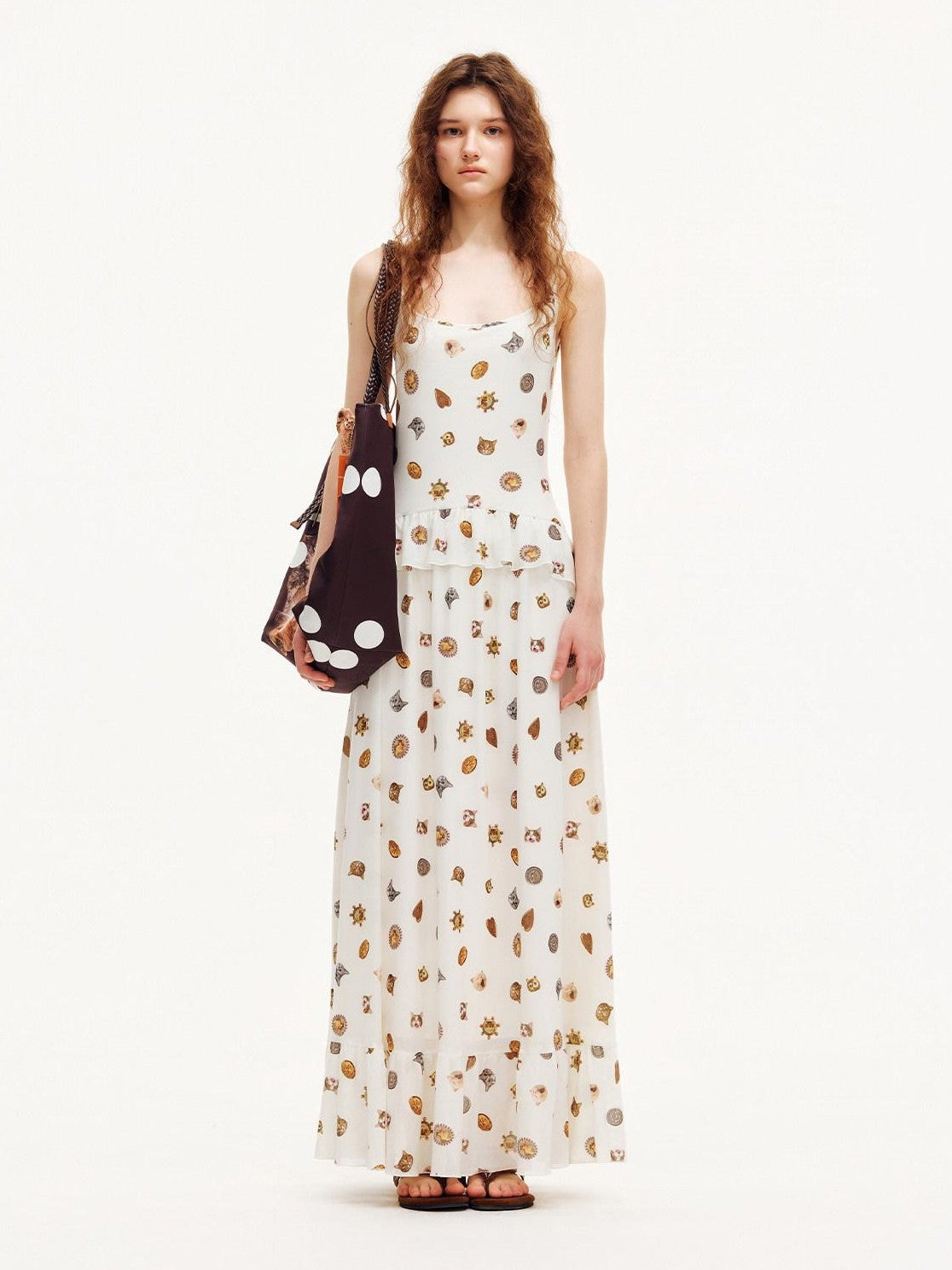 OuttheBlue Ivory Printed Ruffle Aline Fitted Strappy Women&