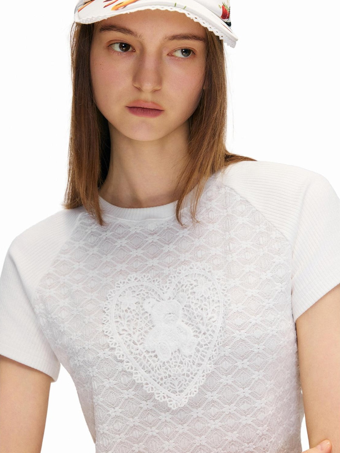 OuttheBlue Jacquard Heart Slim Fit Raglan Women Crew Neck Polyester Short Sleeve T-Shirts