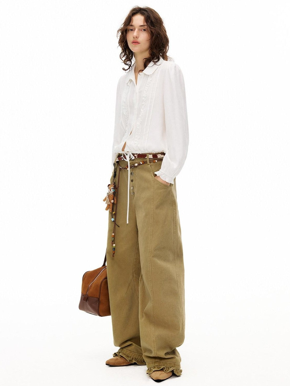 OuttheBlue Khaki Ruffle Trim High Waist Washed Curved Leg Women&