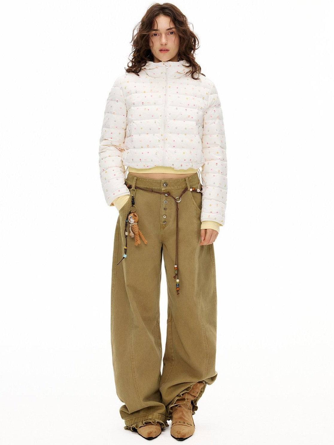 OuttheBlue Khaki Ruffle Trim High Waist Washed Curved Leg Women&