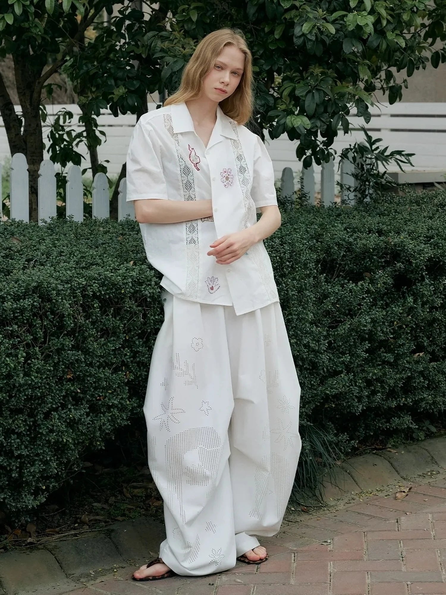 OuttheBlue Lace Trimmed Cuban Collar Shirt With Rhinestones