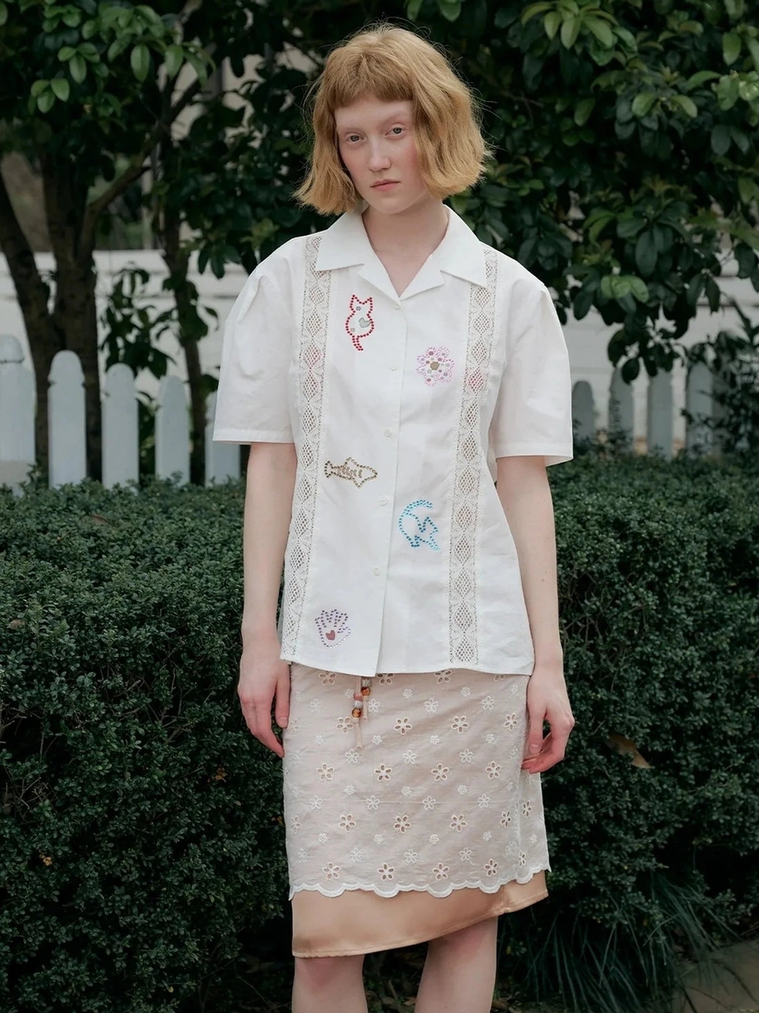 OuttheBlue Lace Trimmed Cuban Collar Shirt With Rhinestones