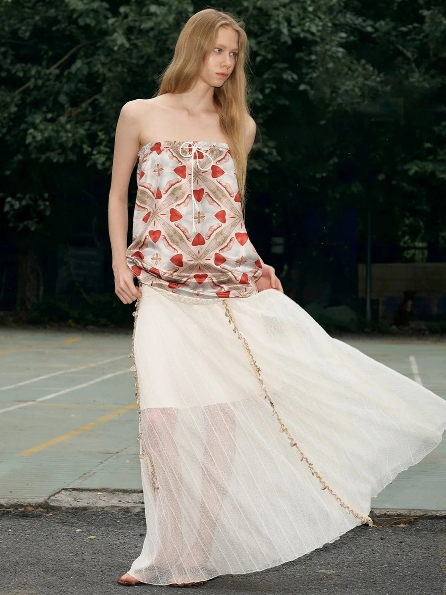 OuttheBlue Lace Trimmed Satin Straight Skirt With Versatile Blouse