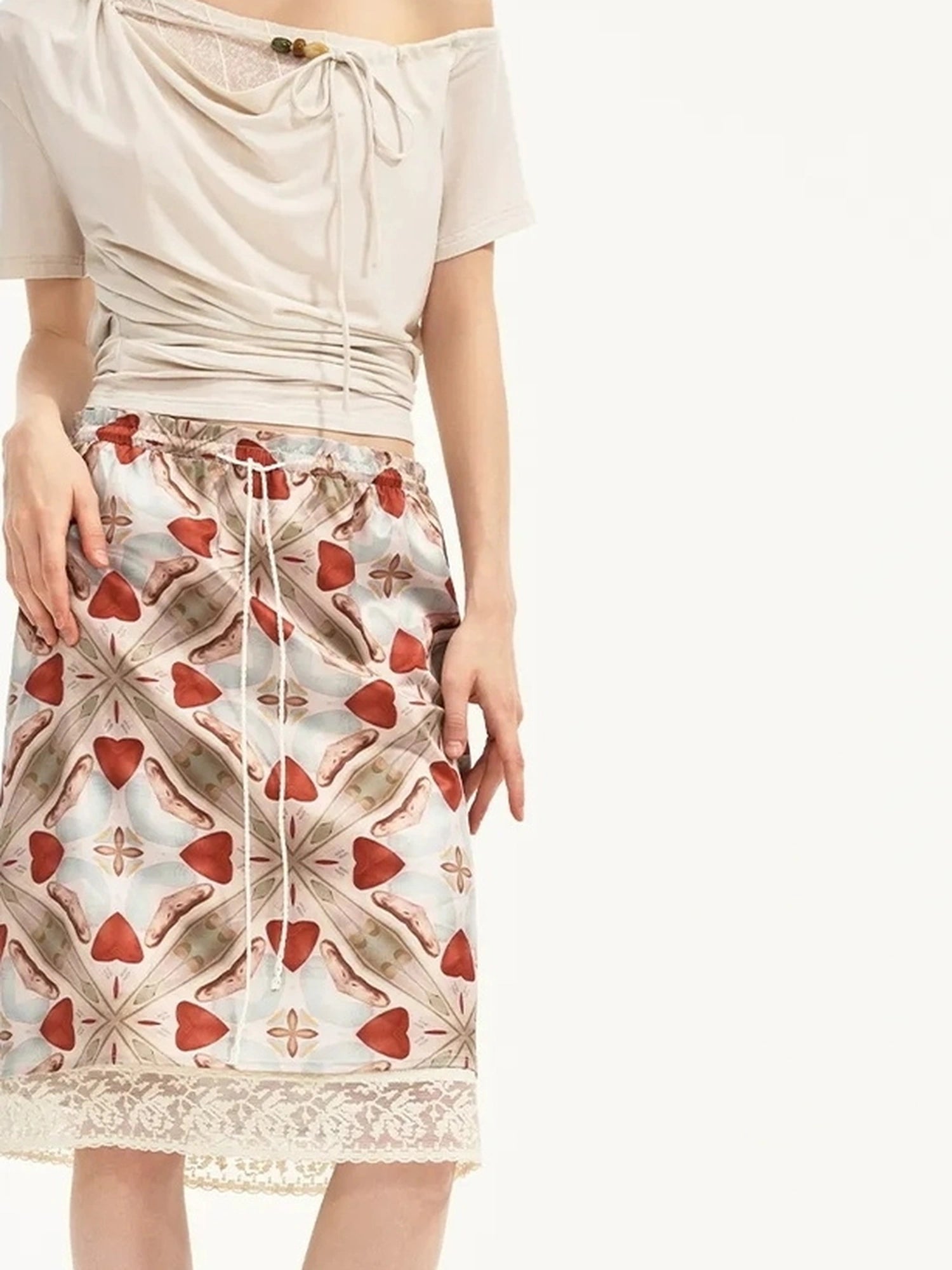 OuttheBlue Lace Trimmed Satin Straight Skirt With Versatile Blouse