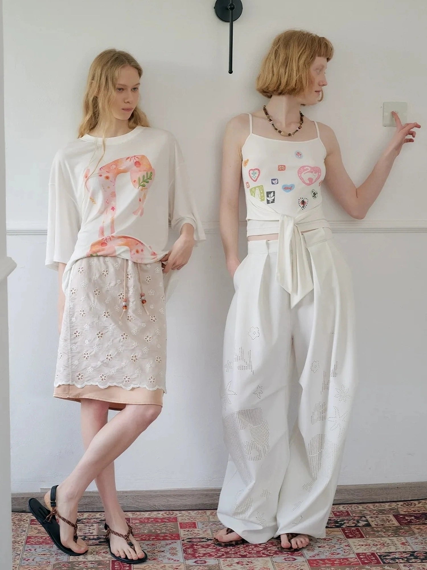 OuttheBlue Laser Cut Out White Wide Leg Trousers