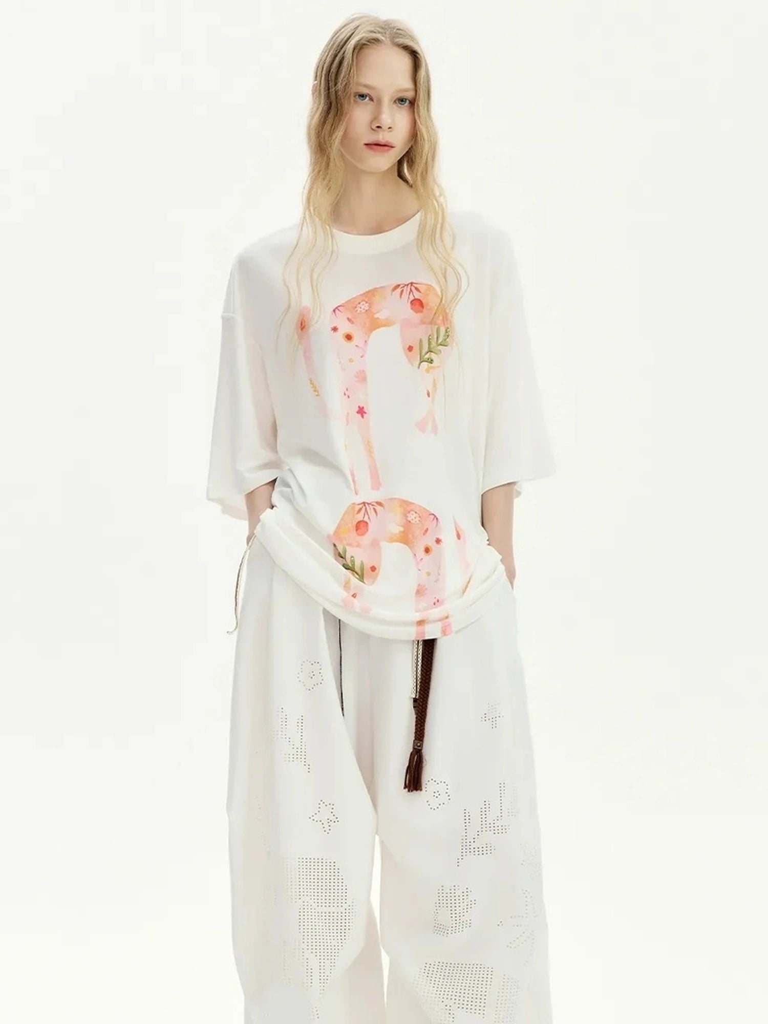 OuttheBlue Laser Cut Out White Wide Leg Trousers
