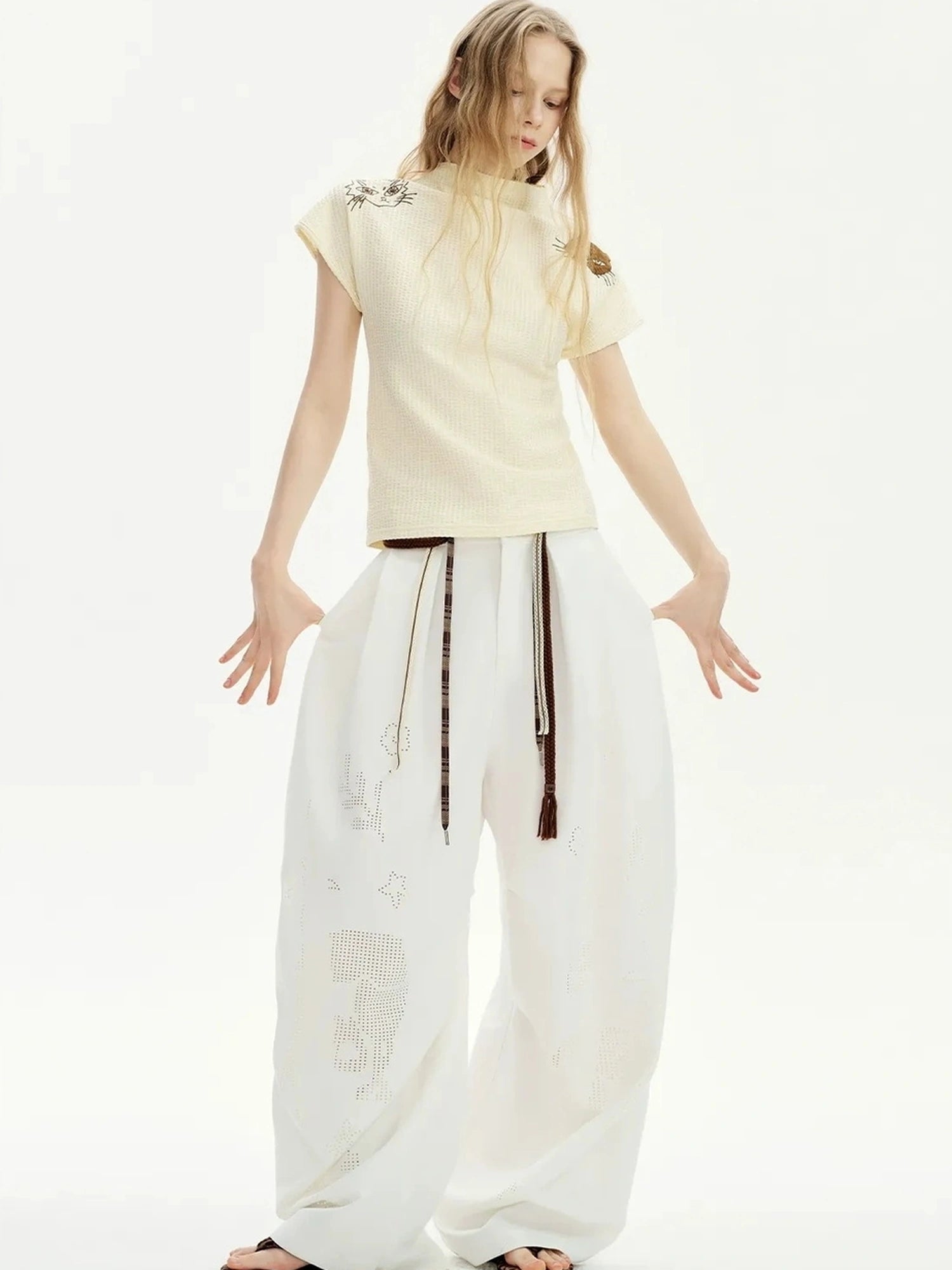 OuttheBlue Laser Cut Out White Wide Leg Trousers
