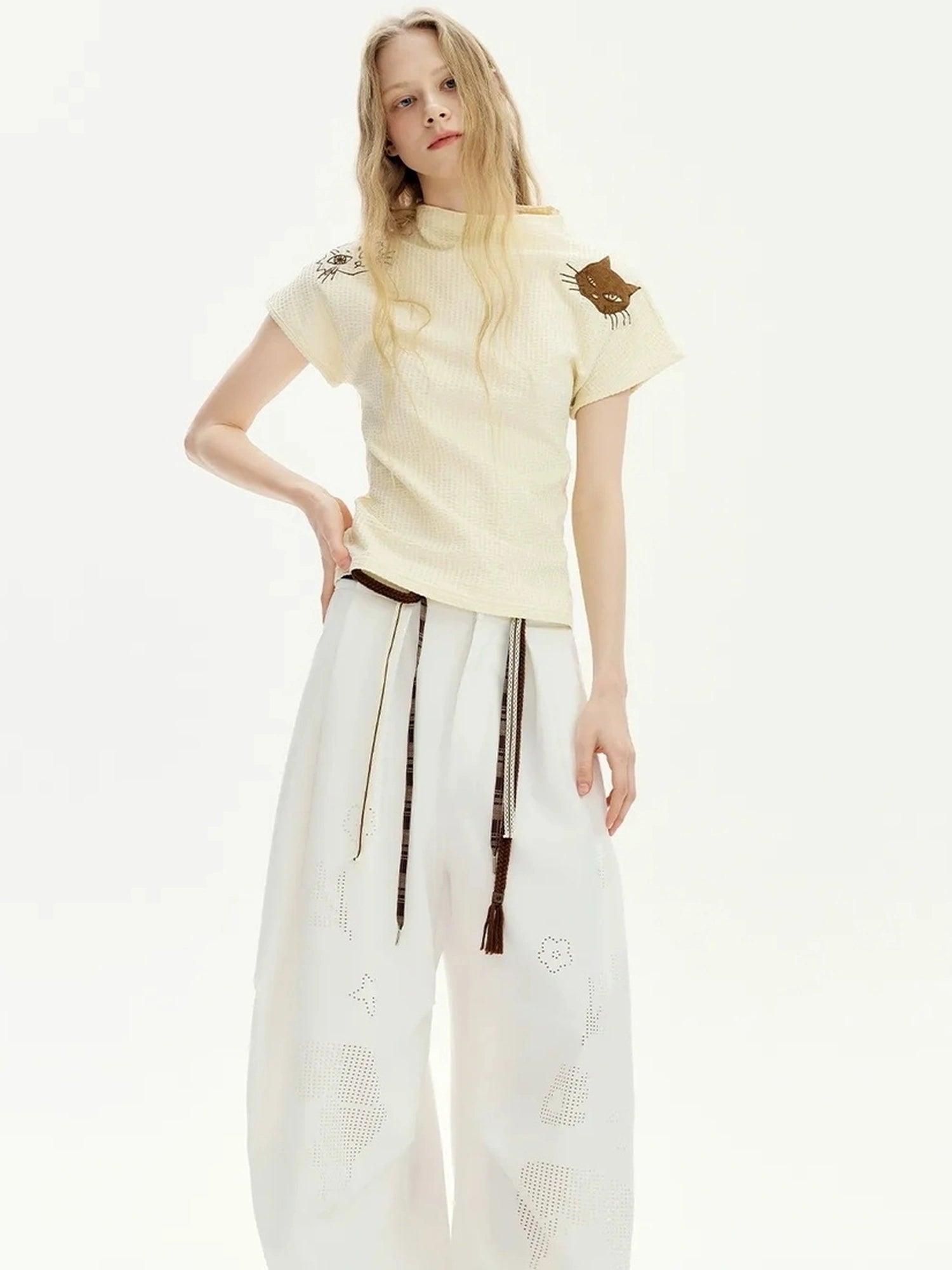 OuttheBlue Laser Cut Out White Wide Leg Trousers