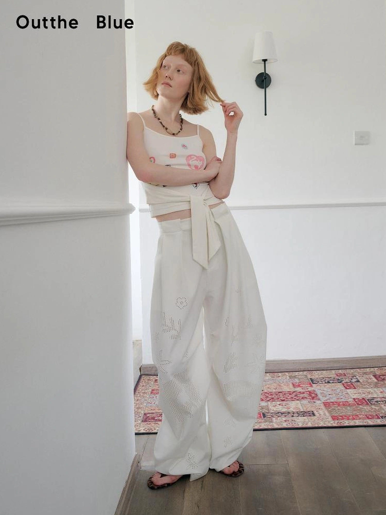 OuttheBlue Laser Cut Out White Wide Leg Trousers