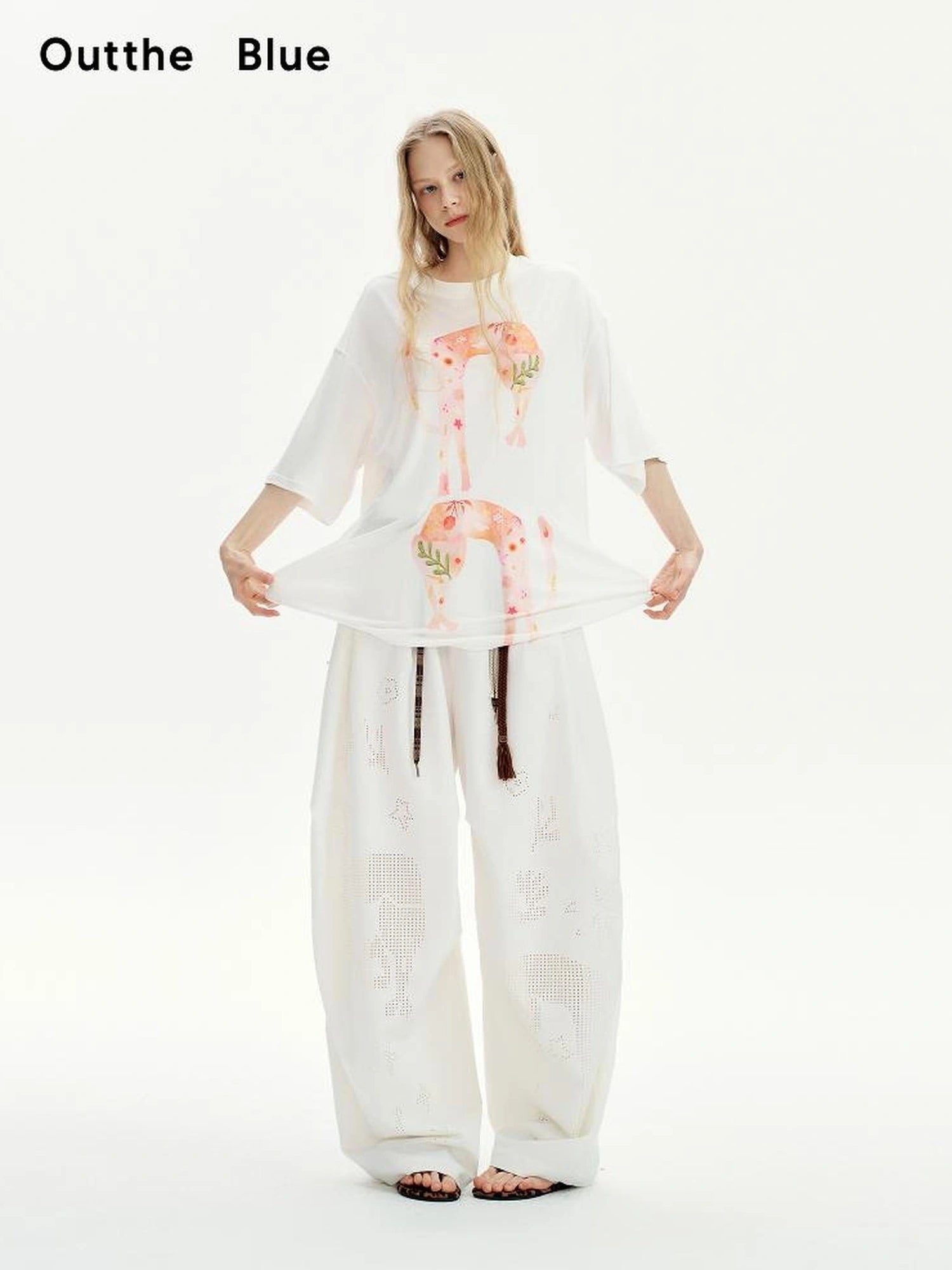 OuttheBlue Laser Cut Out White Wide Leg Trousers