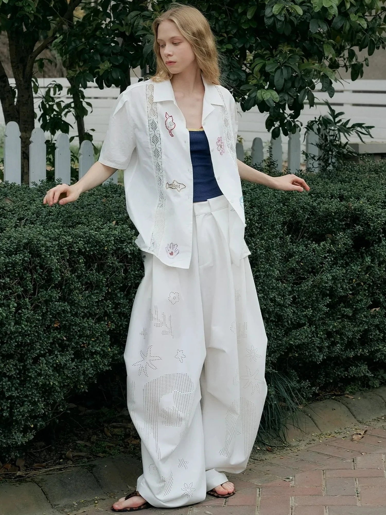 OuttheBlue Laser Cut Out White Wide Leg Trousers