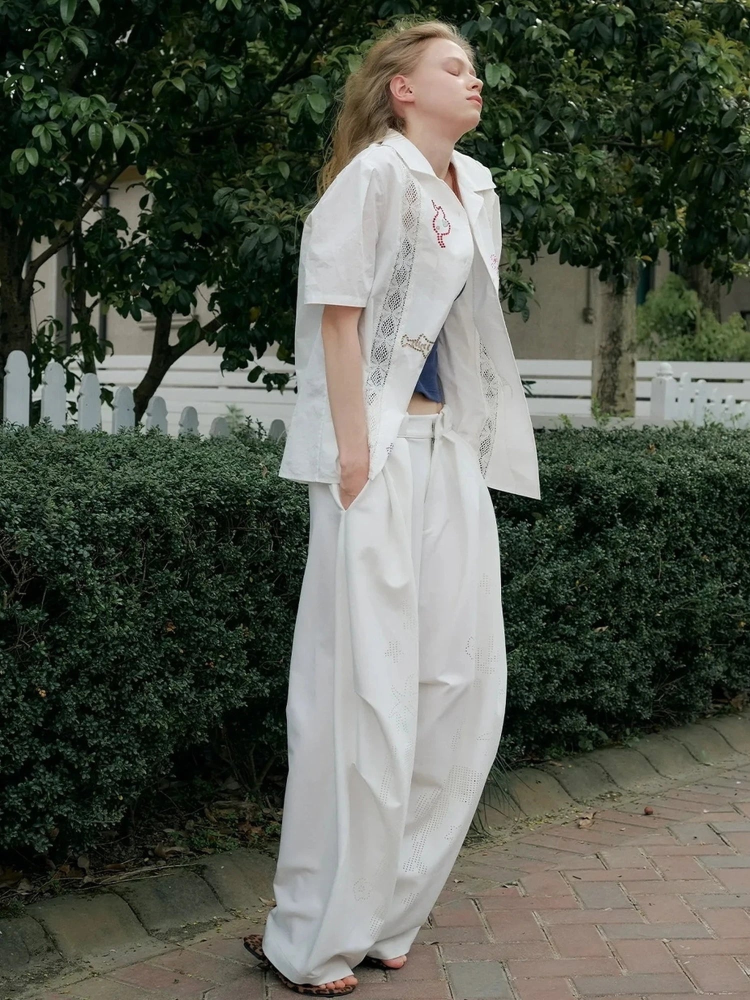 OuttheBlue Laser Cut Out White Wide Leg Trousers