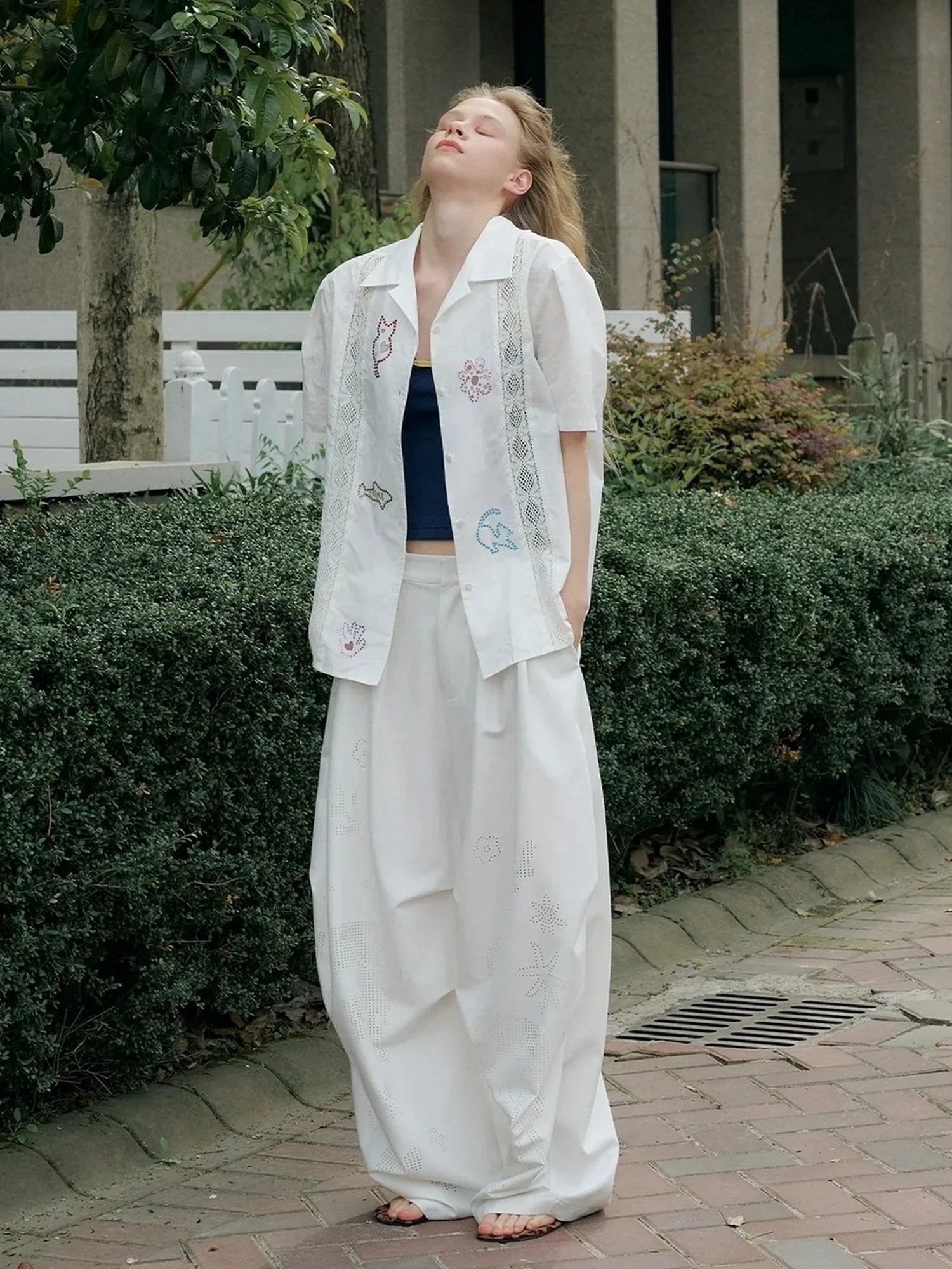 OuttheBlue Laser Cut Out White Wide Leg Trousers