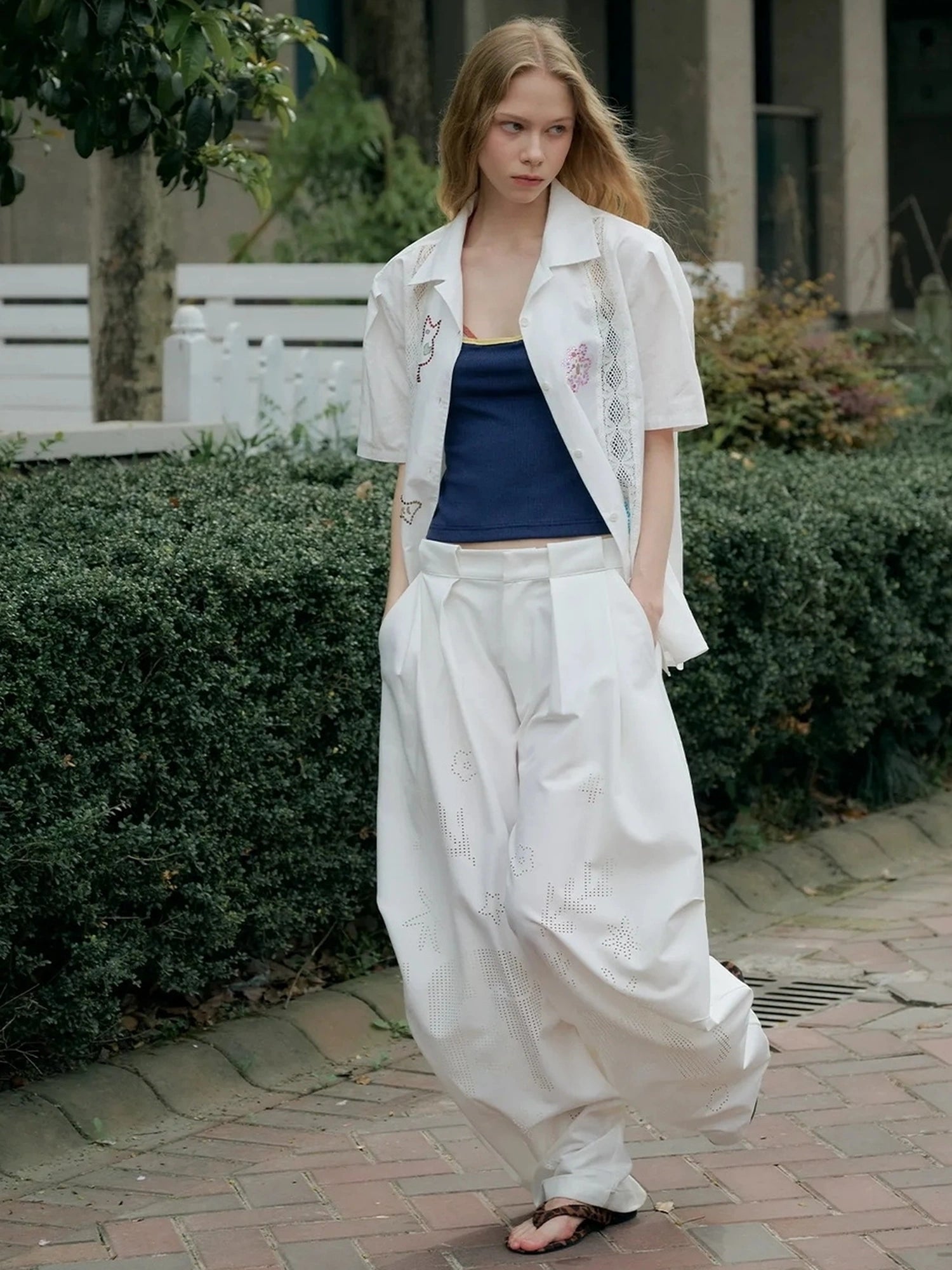 OuttheBlue Laser Cut Out White Wide Leg Trousers