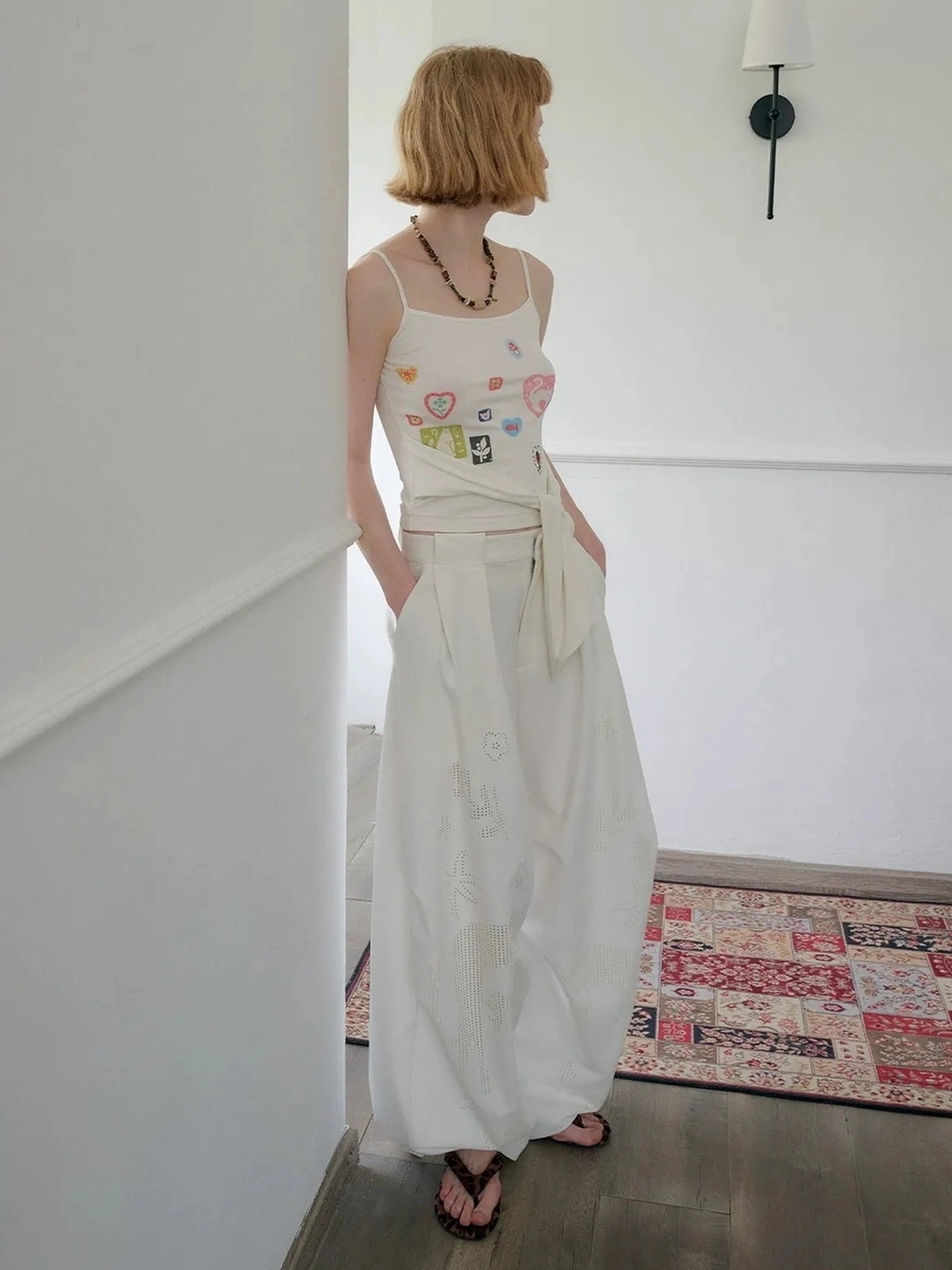 OuttheBlue Laser Cut Out White Wide Leg Trousers