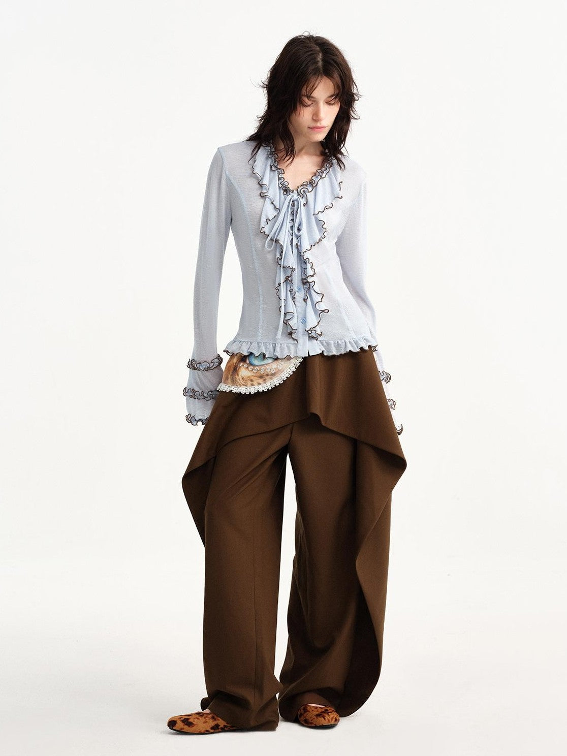 OuttheBlue Light Blue Color Block Ruffle Slim Fit Texture V-neck Women&