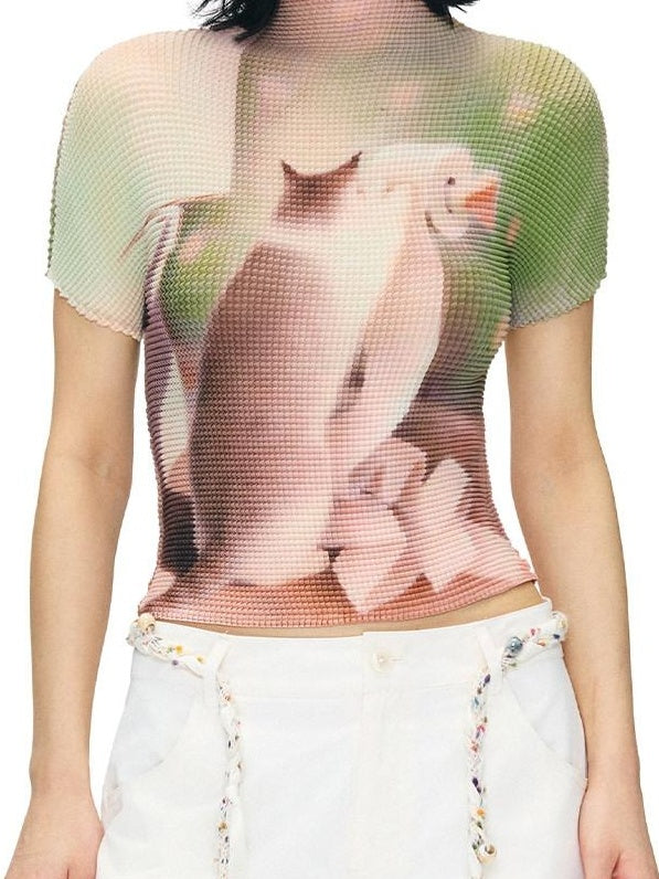 OuttheBlue Lightweight Polyester Slim Cropped Animal Print Women Short Sleeve T-Shirts