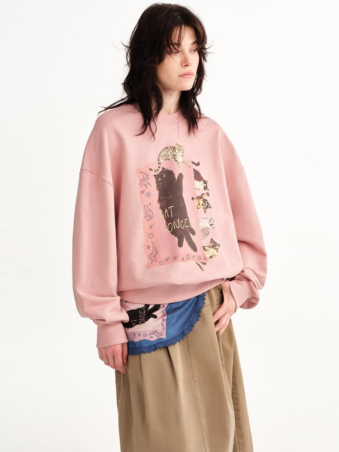 OuttheBlue Loose Fit Cat Print Long Sleeve 100% Cotton Women&