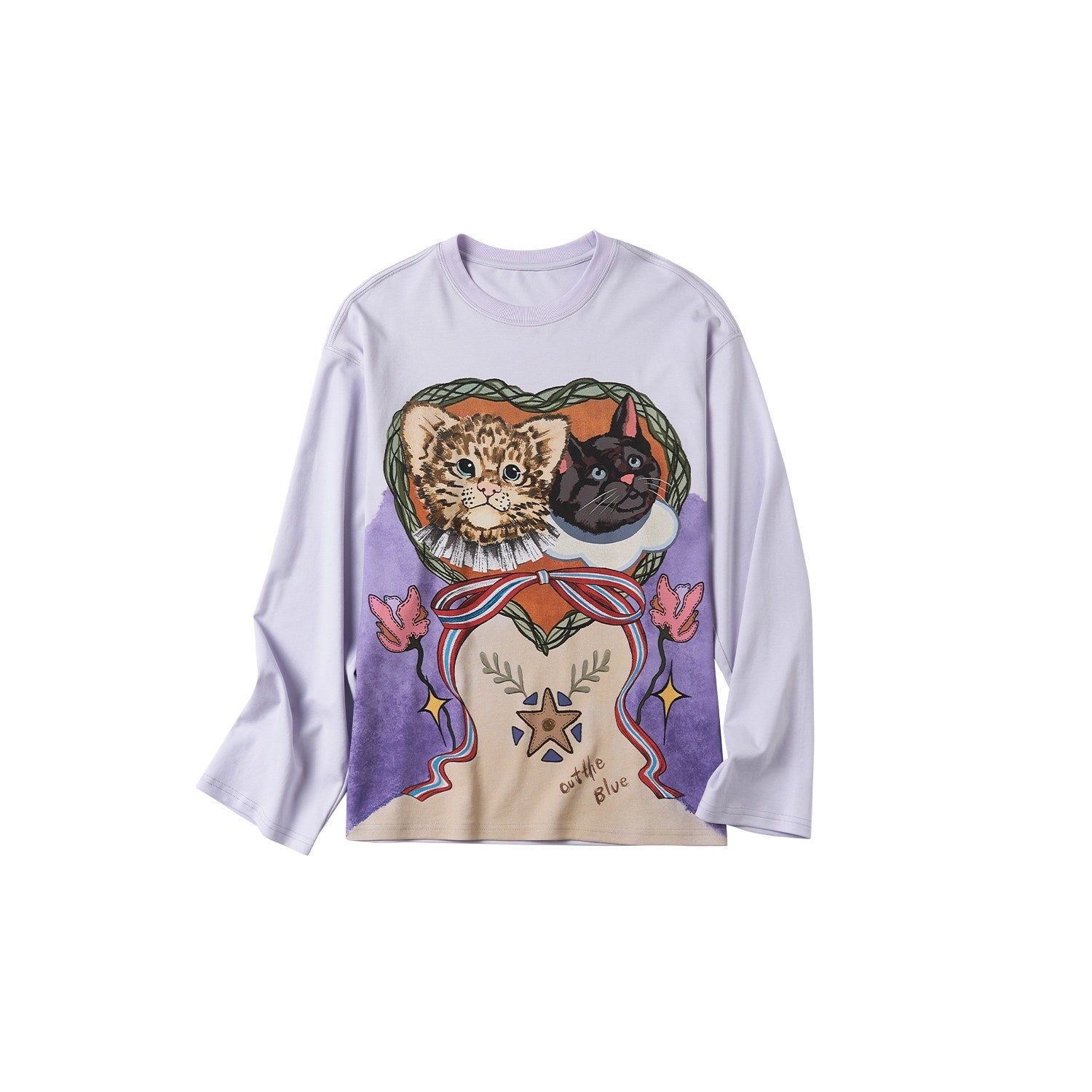 OuttheBlue Lyocell Cotton Blend Loose Animal Print Women Light Purple Long Sleeve T-Shirts