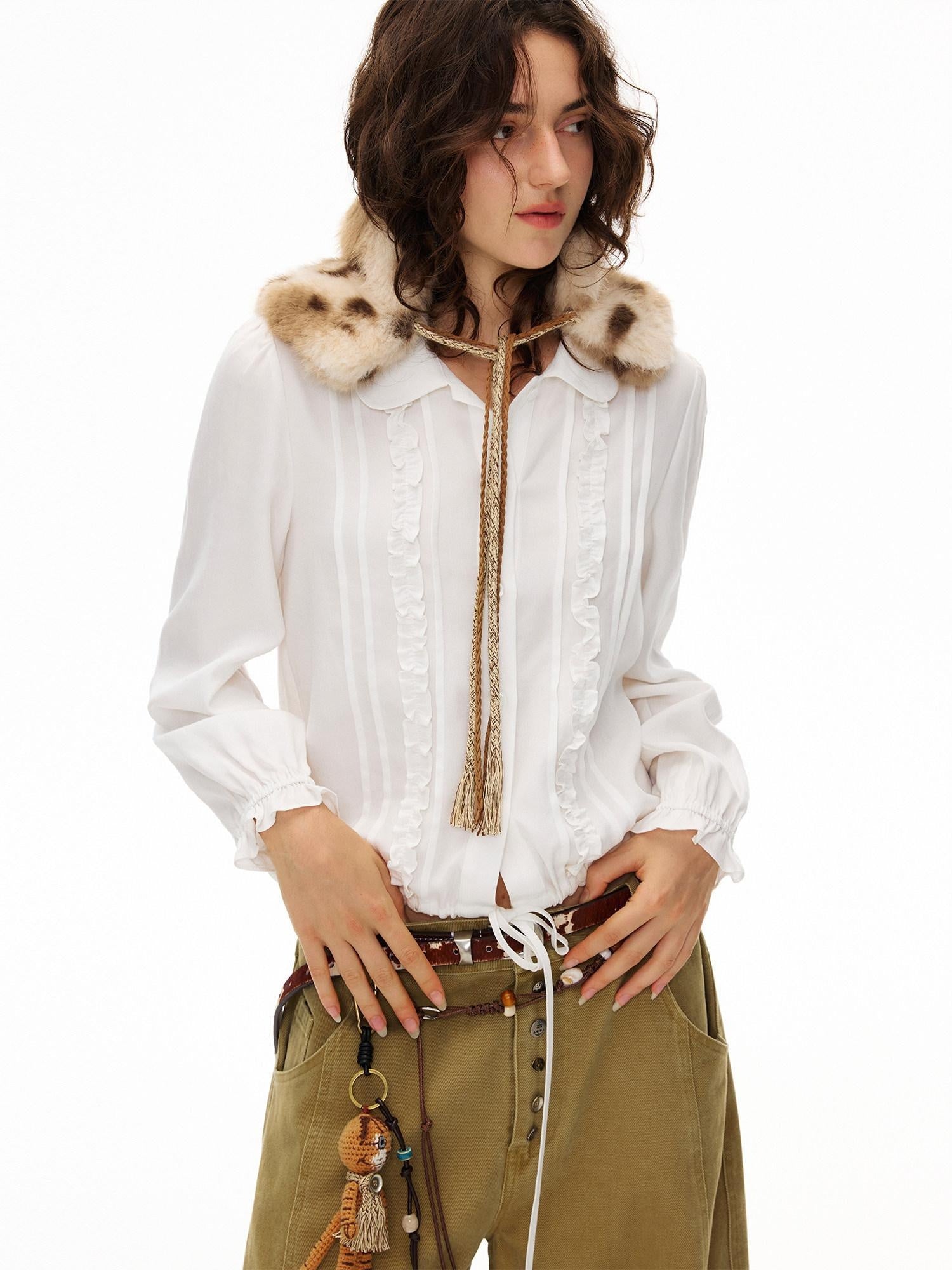 OuttheBlue Lyocell Linen Blend Relaxed Lace Tie Casual Women White Long Sleeve Blouses