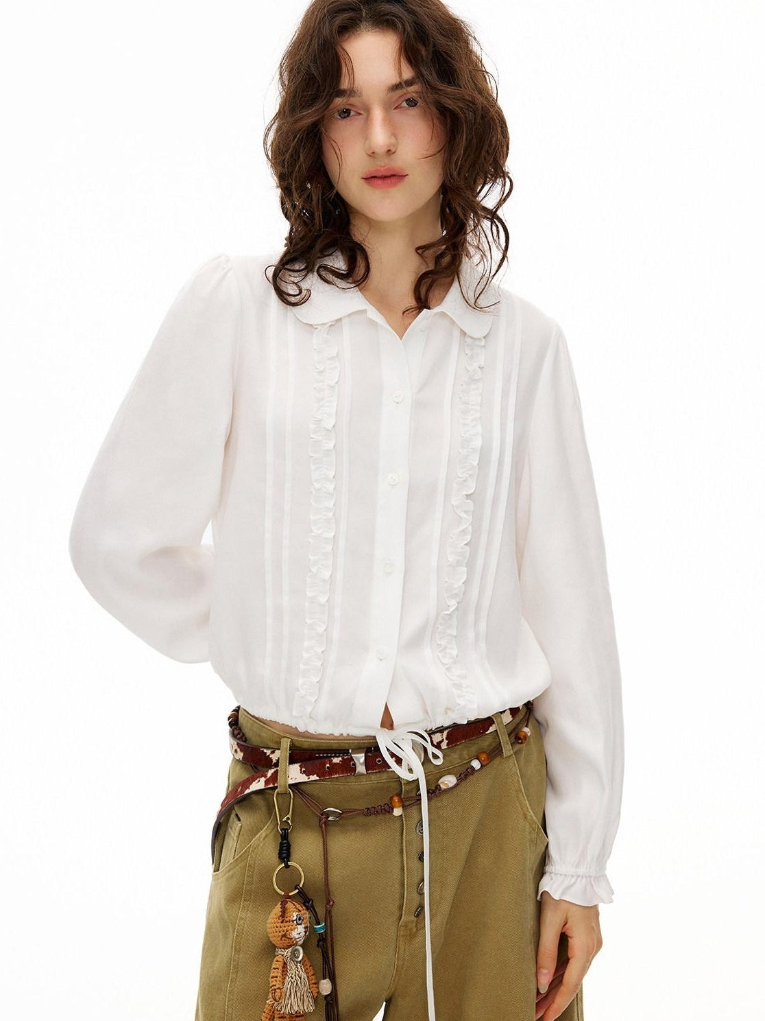OuttheBlue Lyocell Linen Blend Relaxed Lace Tie Casual Women White Long Sleeve Blouses