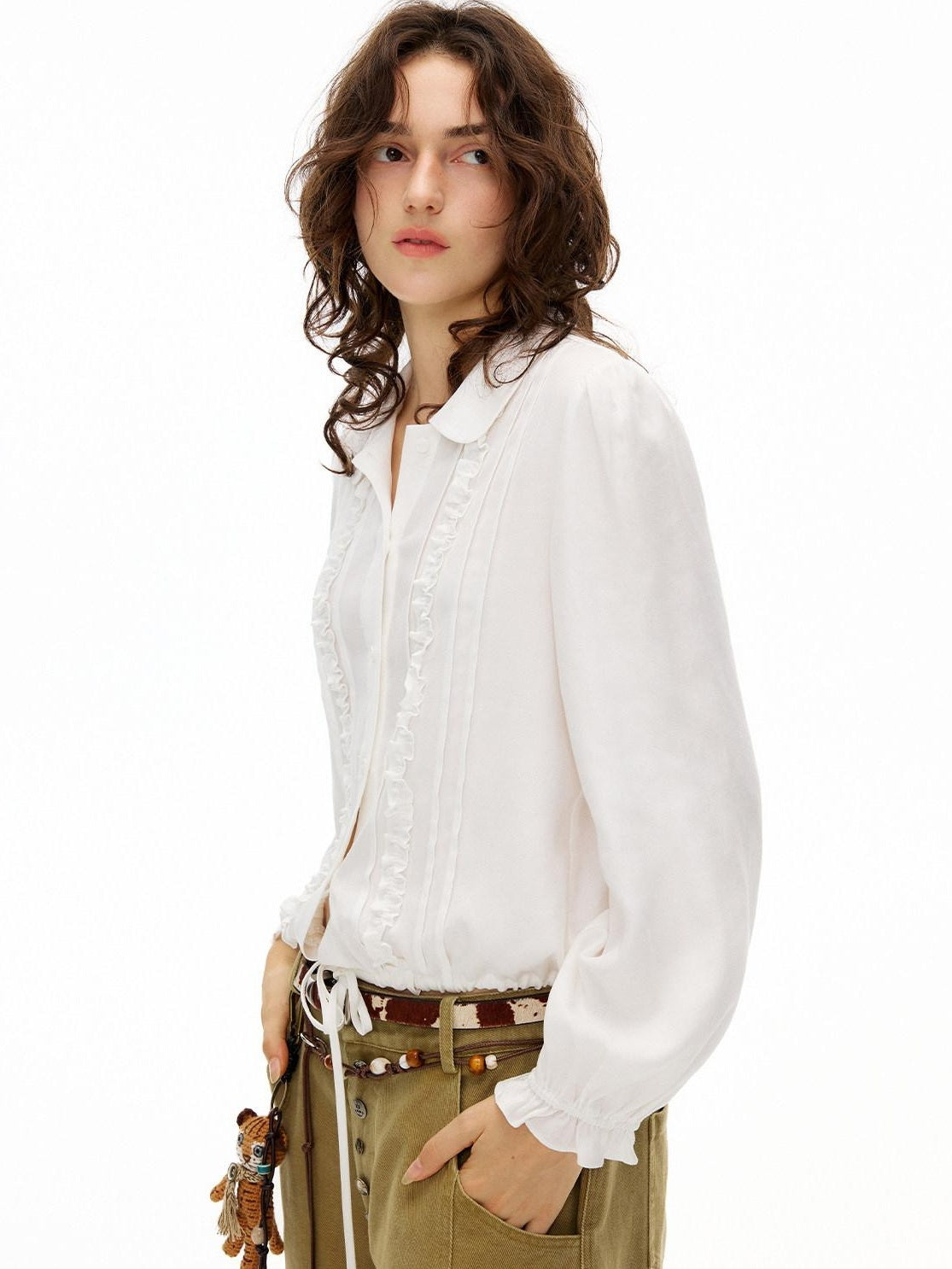 OuttheBlue Lyocell Linen Blend Relaxed Lace Tie Casual Women White Long Sleeve Blouses