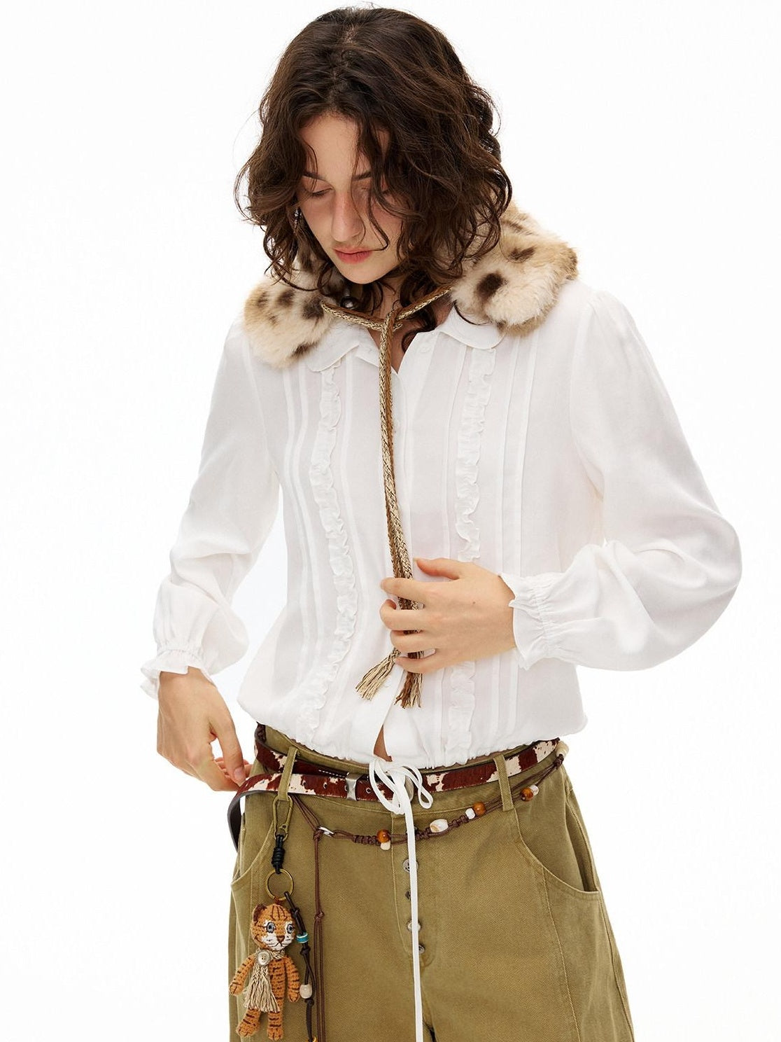OuttheBlue Lyocell Linen Blend Relaxed Lace Tie Casual Women White Long Sleeve Blouses