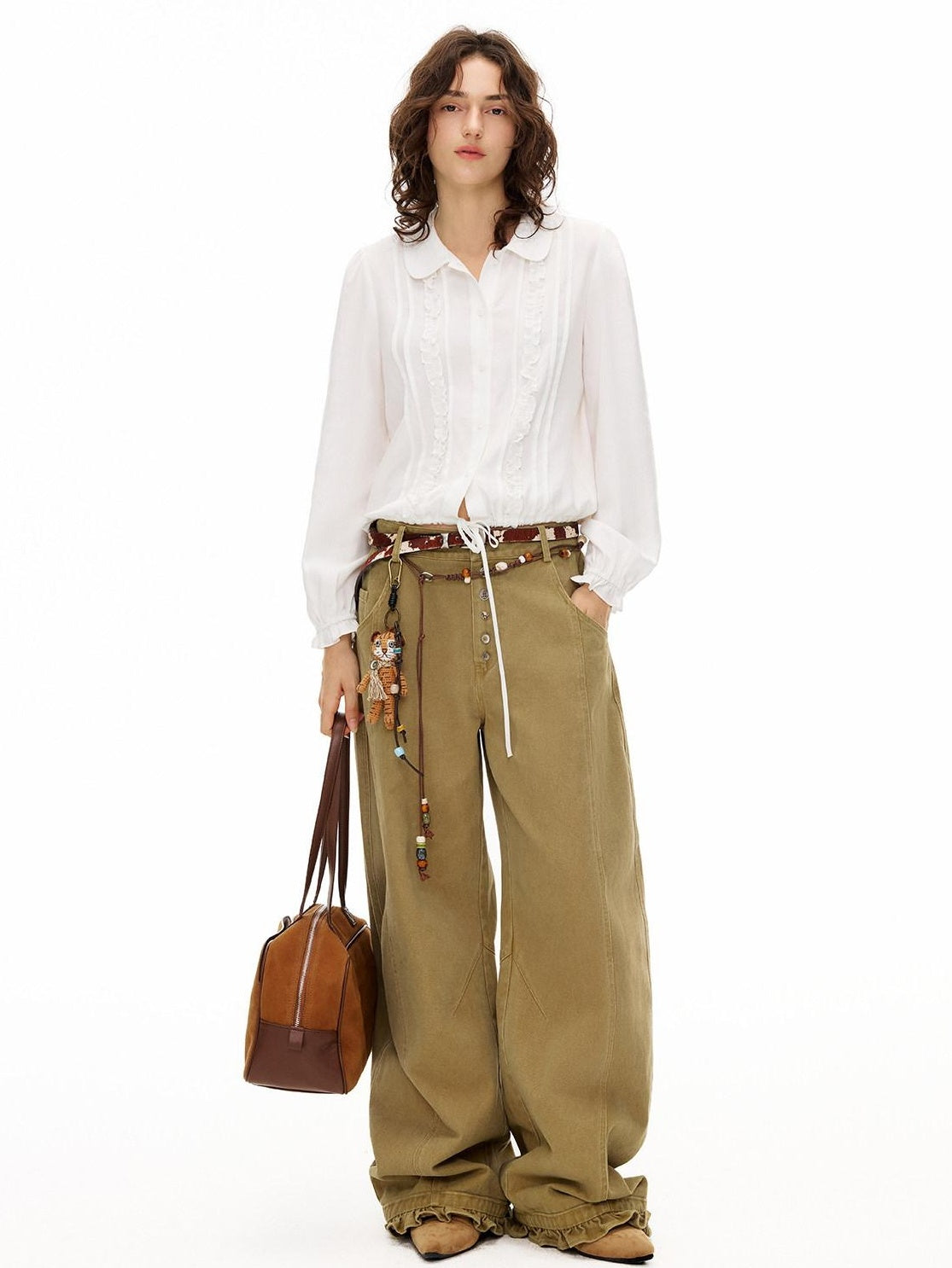 OuttheBlue Lyocell Linen Blend Relaxed Lace Tie Casual Women White Long Sleeve Blouses