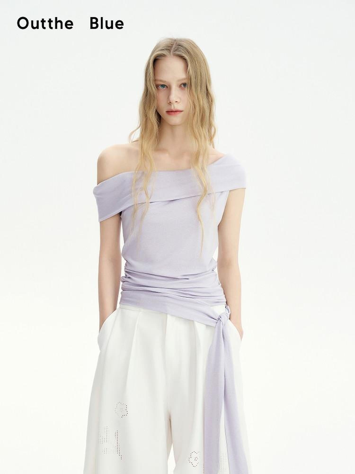 OuttheBlue Lyocell Linen Patch Slim Boatneck Cross Print Lilac Short Sleeve T-Shirts