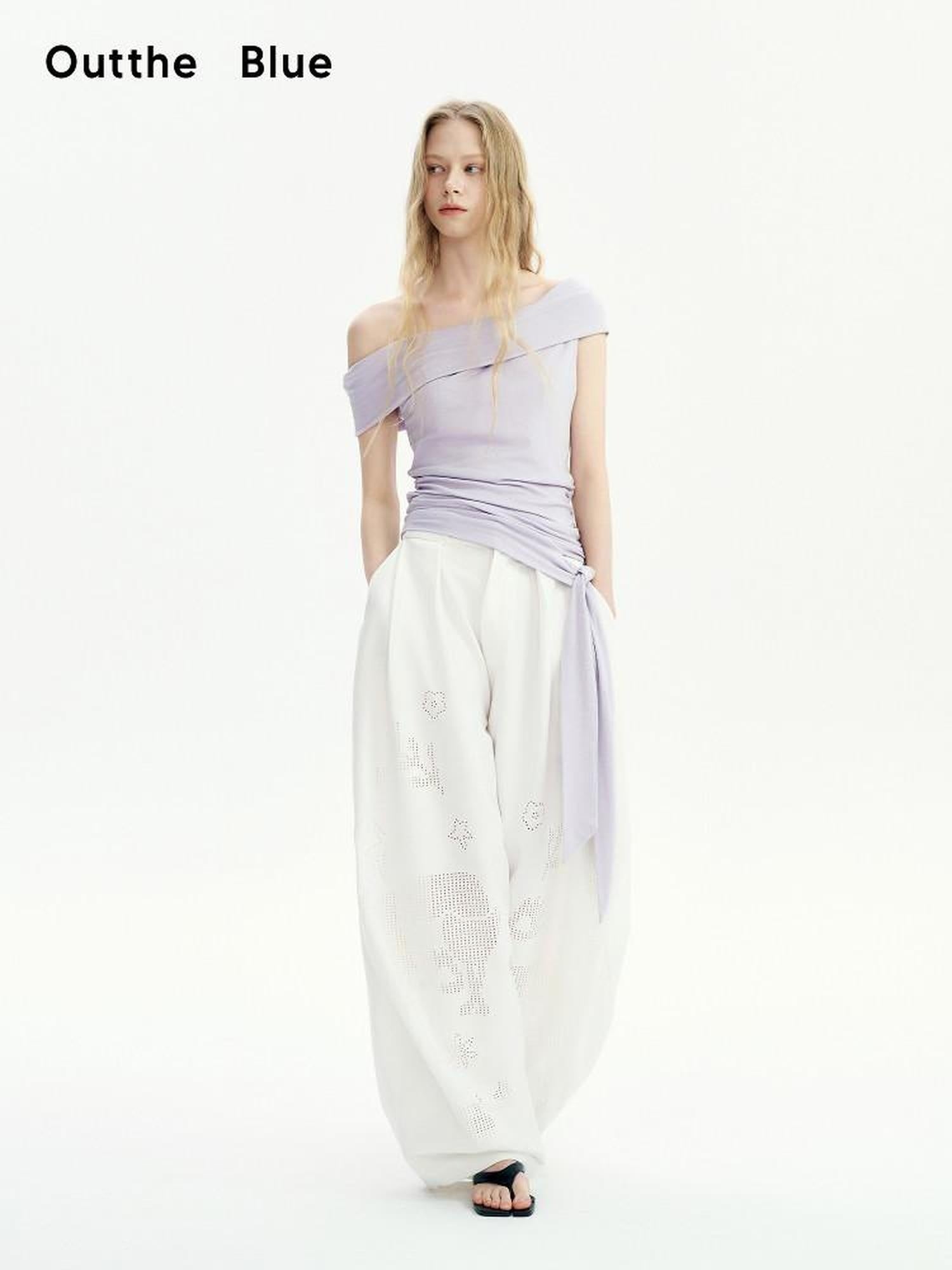 OuttheBlue Lyocell Linen Patch Slim Boatneck Cross Print Lilac Short Sleeve T-Shirts