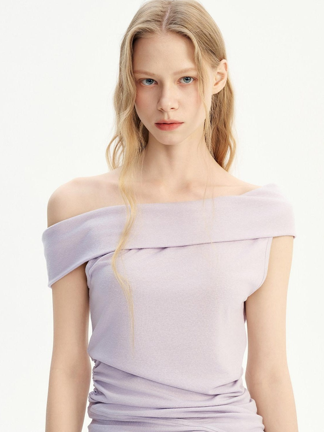 OuttheBlue Lyocell Linen Patch Slim Boatneck Cross Print Lilac Short Sleeve T-Shirts
