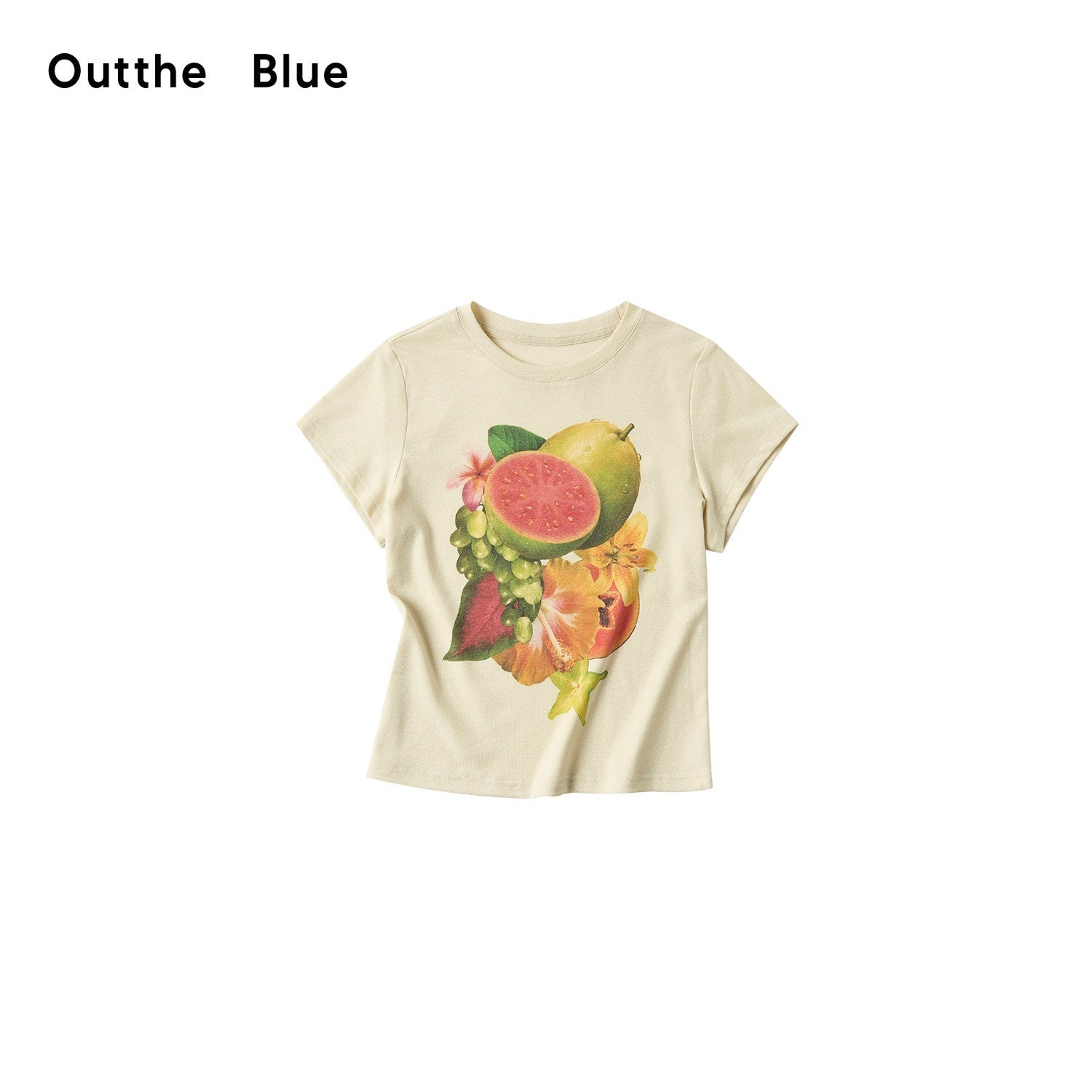 OuttheBlue Lyocell Linen Slim Cropped Casual Women Fruit Print Short Sleeve T-Shirts